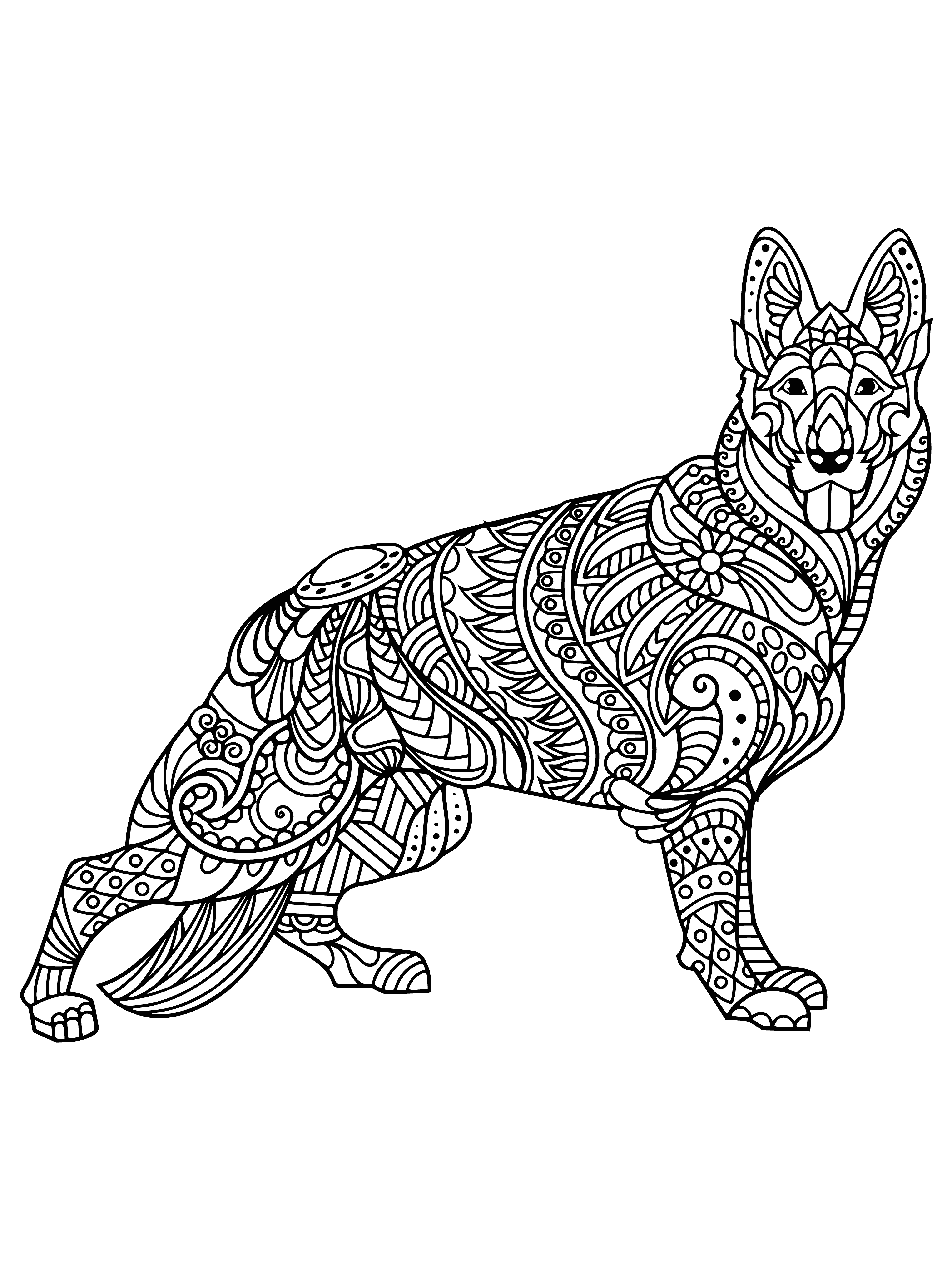 coloring page: A German Shepherd is standing in a field of flowers with a black and brown coat. #germanshepherd #coloringpage