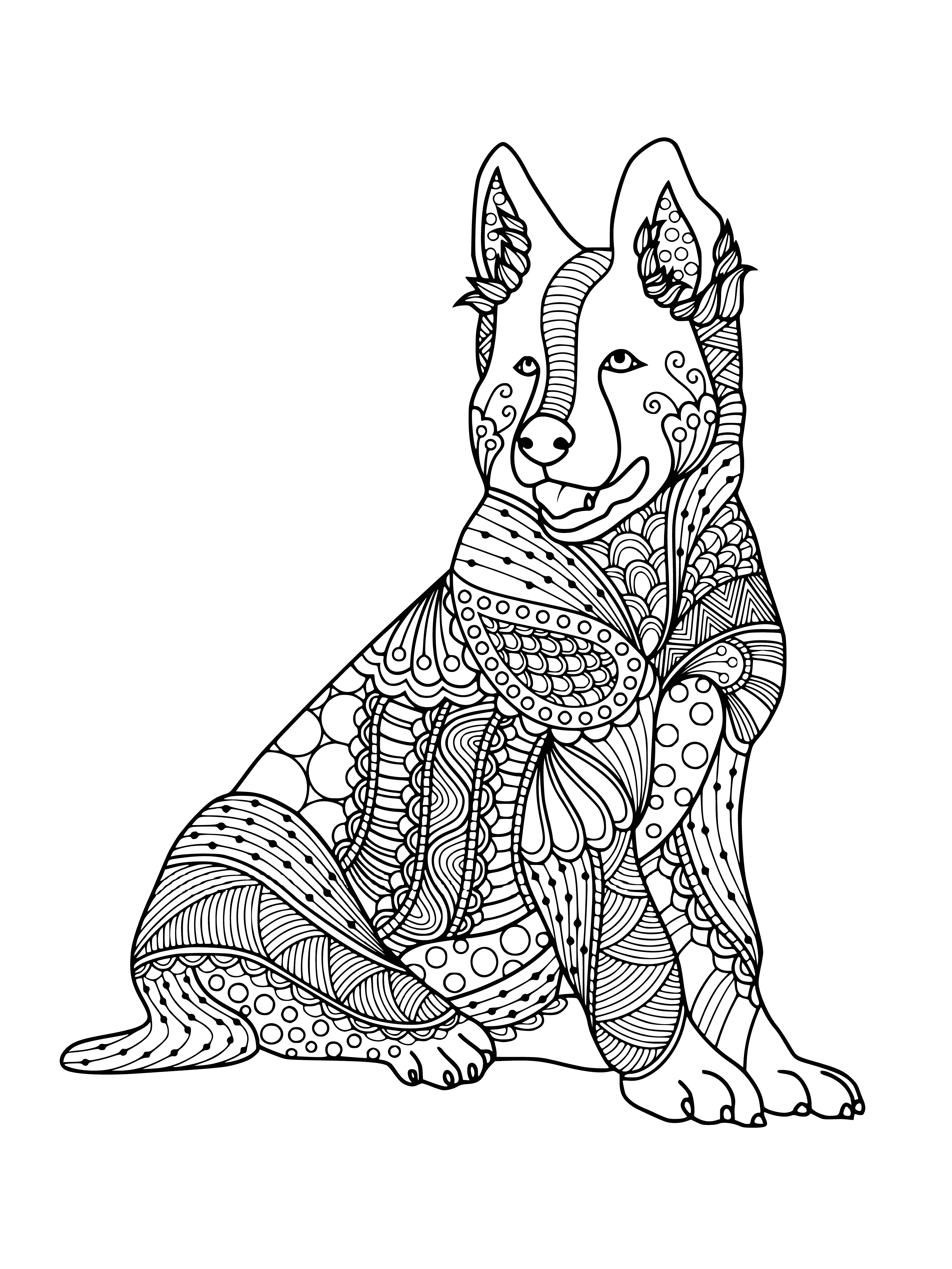 coloring page: Dog lying surrounded by flowers with blank expression and pudgy stomach.