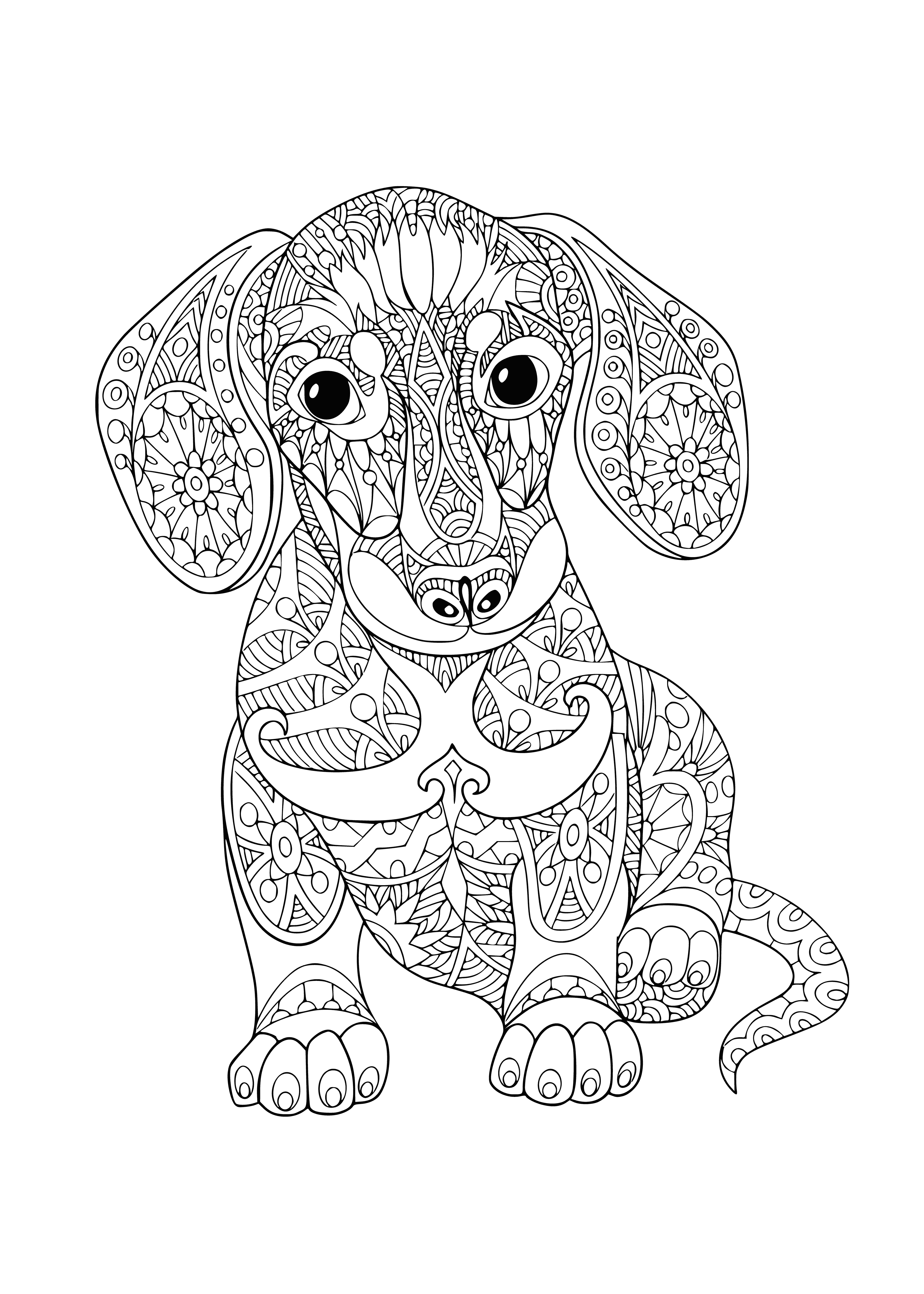 coloring page: A dog with a blue ribbon and bow stands in front of a teal background, smiling with its tongue out.