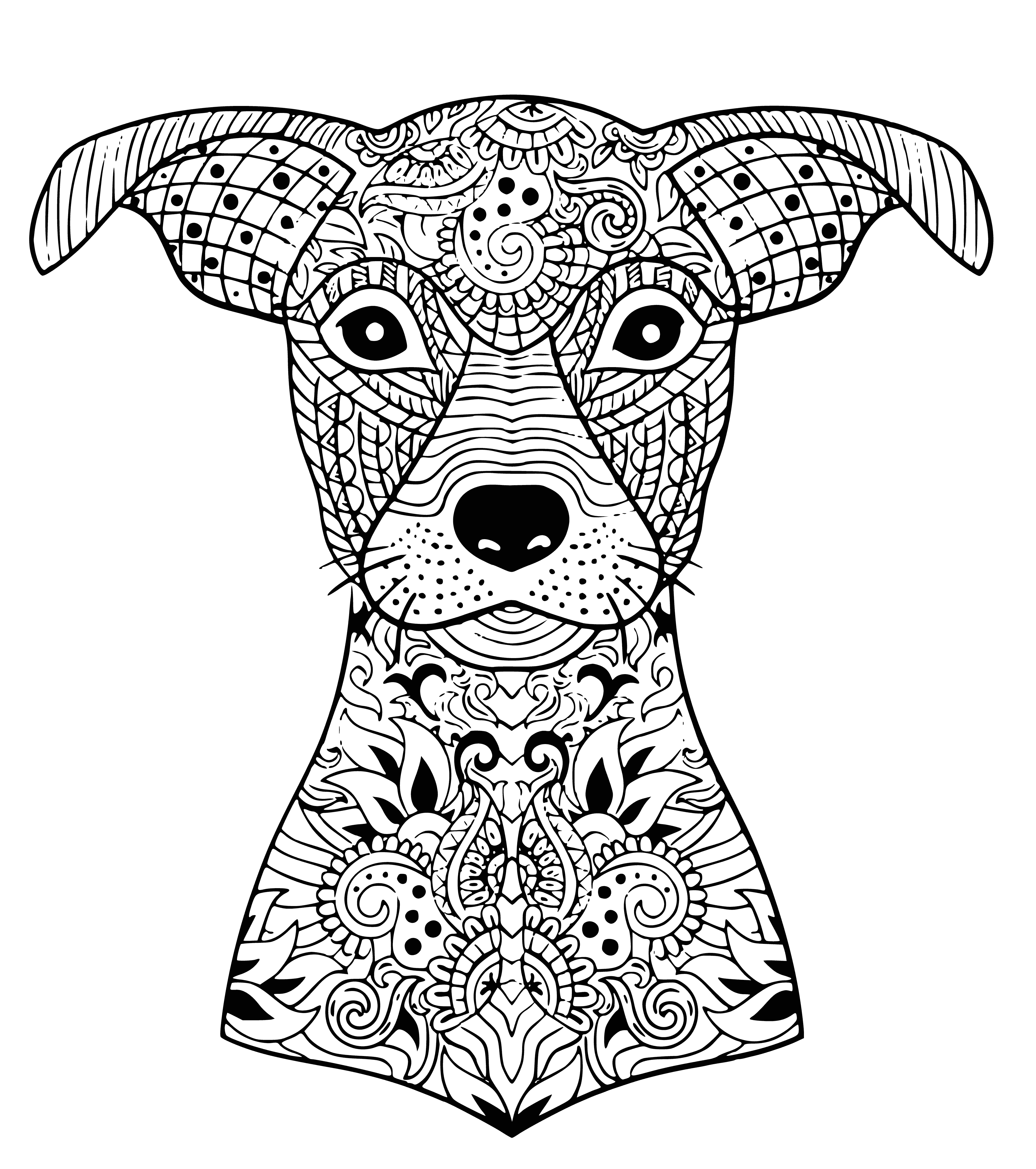 coloring page: A German Shepherd-like dog stands in the center of the page with its tongue out, brown and black fur, and bright green eyes. Behind it is a large tree, and in the background is a blue sky with white clouds.