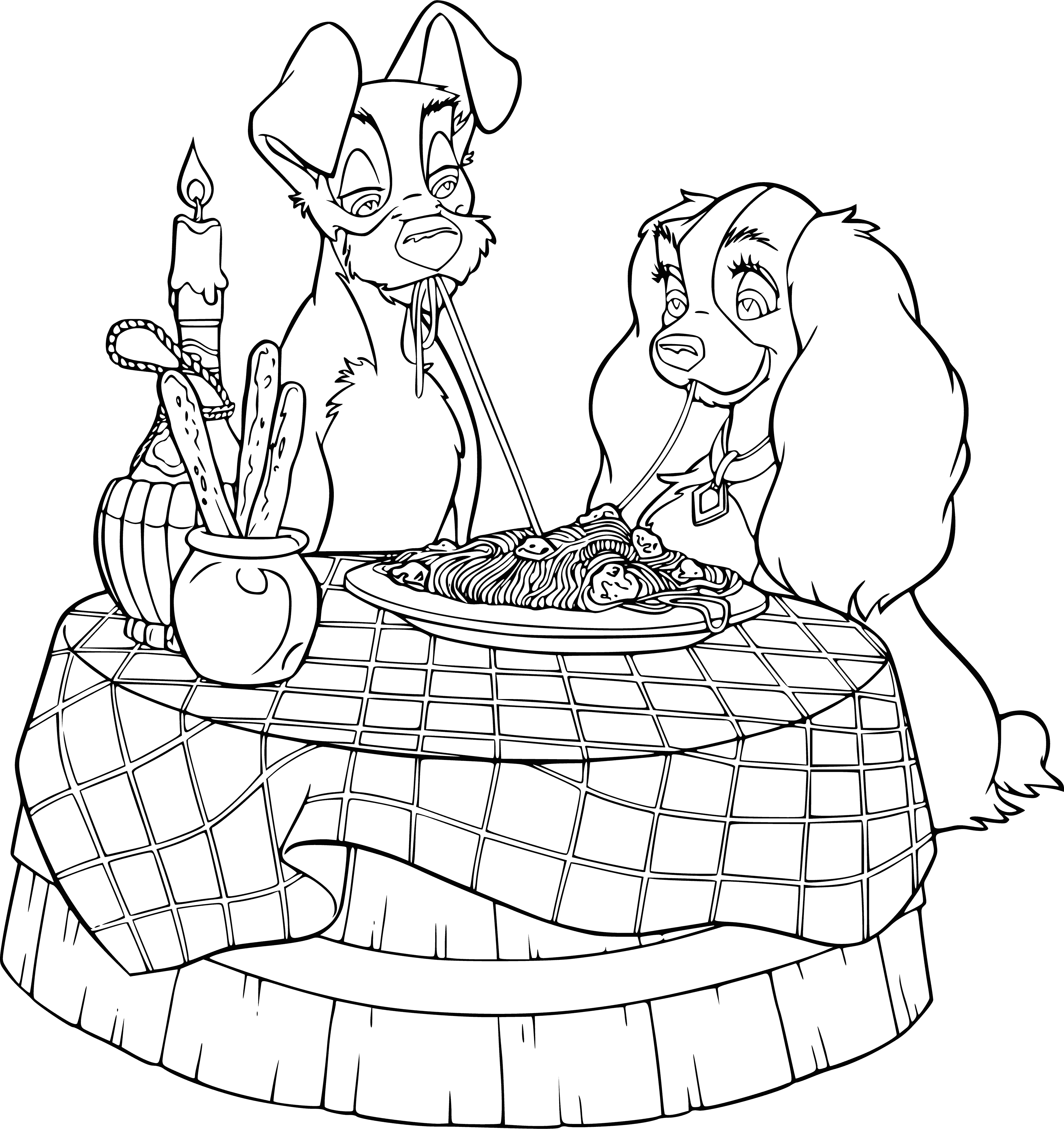 coloring page: Lady and Tramp share romantic dinner, gazing into each other's eyes as they enjoy a plate of spaghetti.