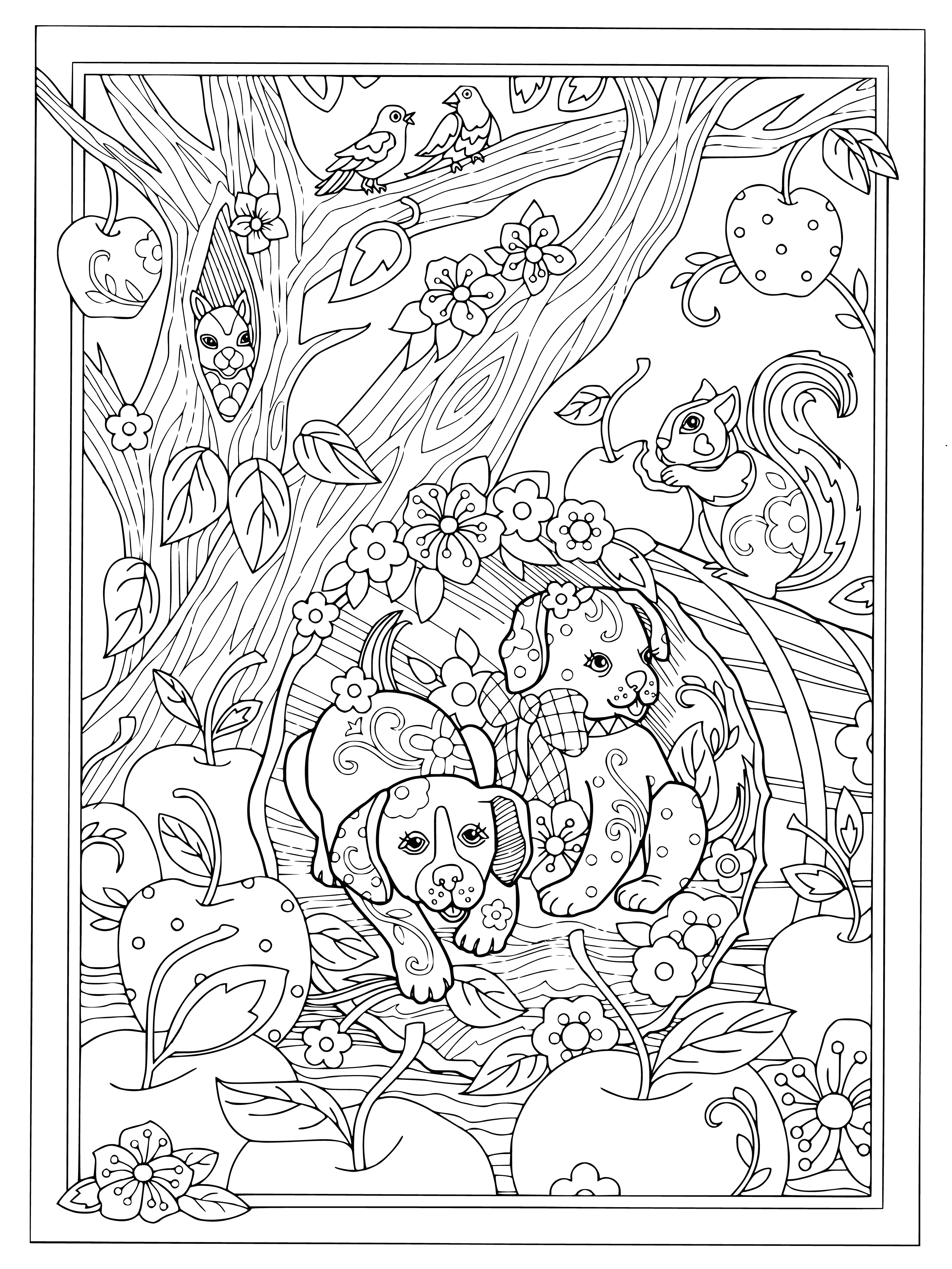 coloring page: Puppies in different activities & environments, some taking a nap, others playing, one in bath & one eating.