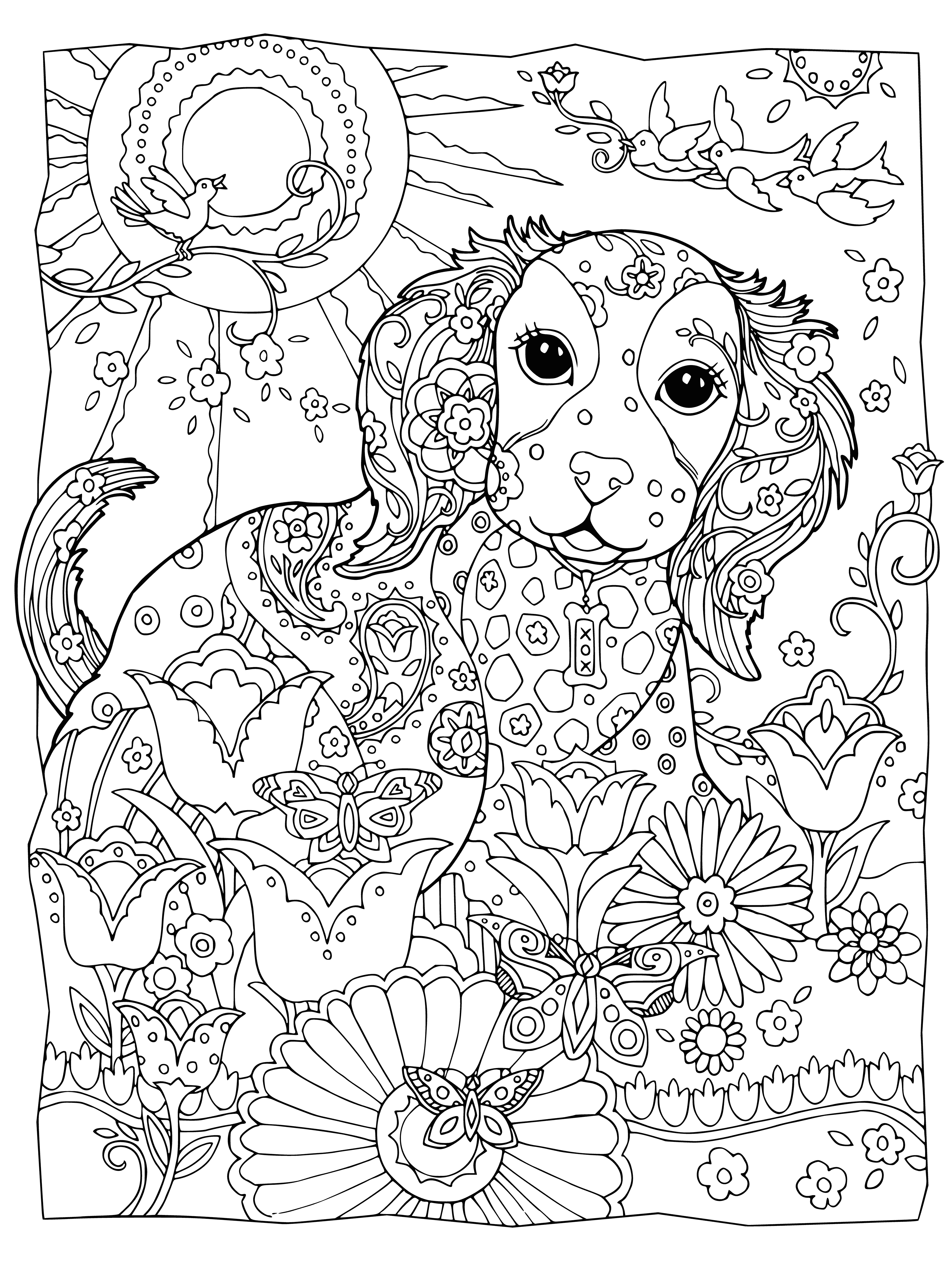 coloring page: 3 dogs in garden: a golden retriever, black lab, & brown & white dog, playing together.