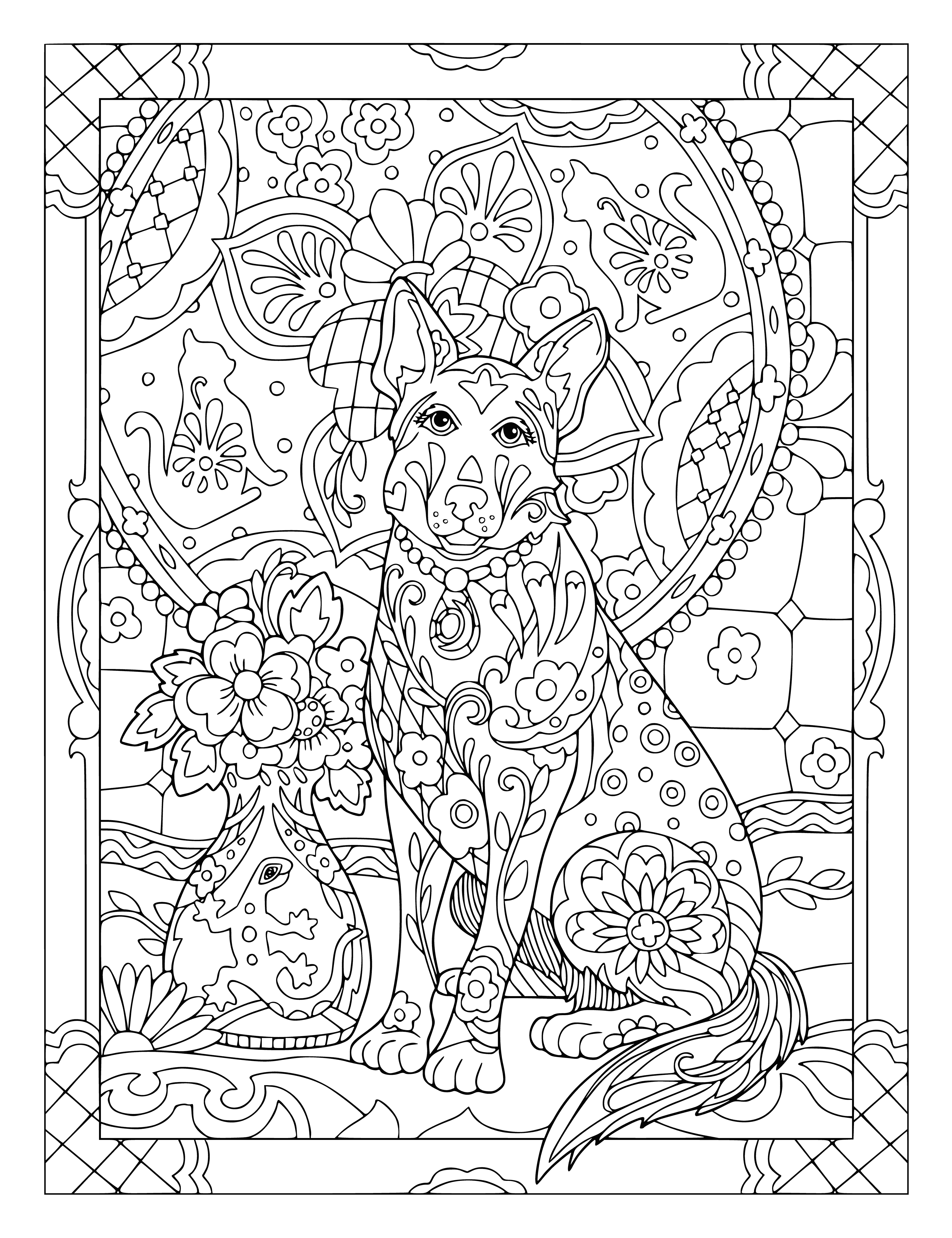 coloring page: Woman sits with a vase of flowers, petting a peaceful dog at her feet.