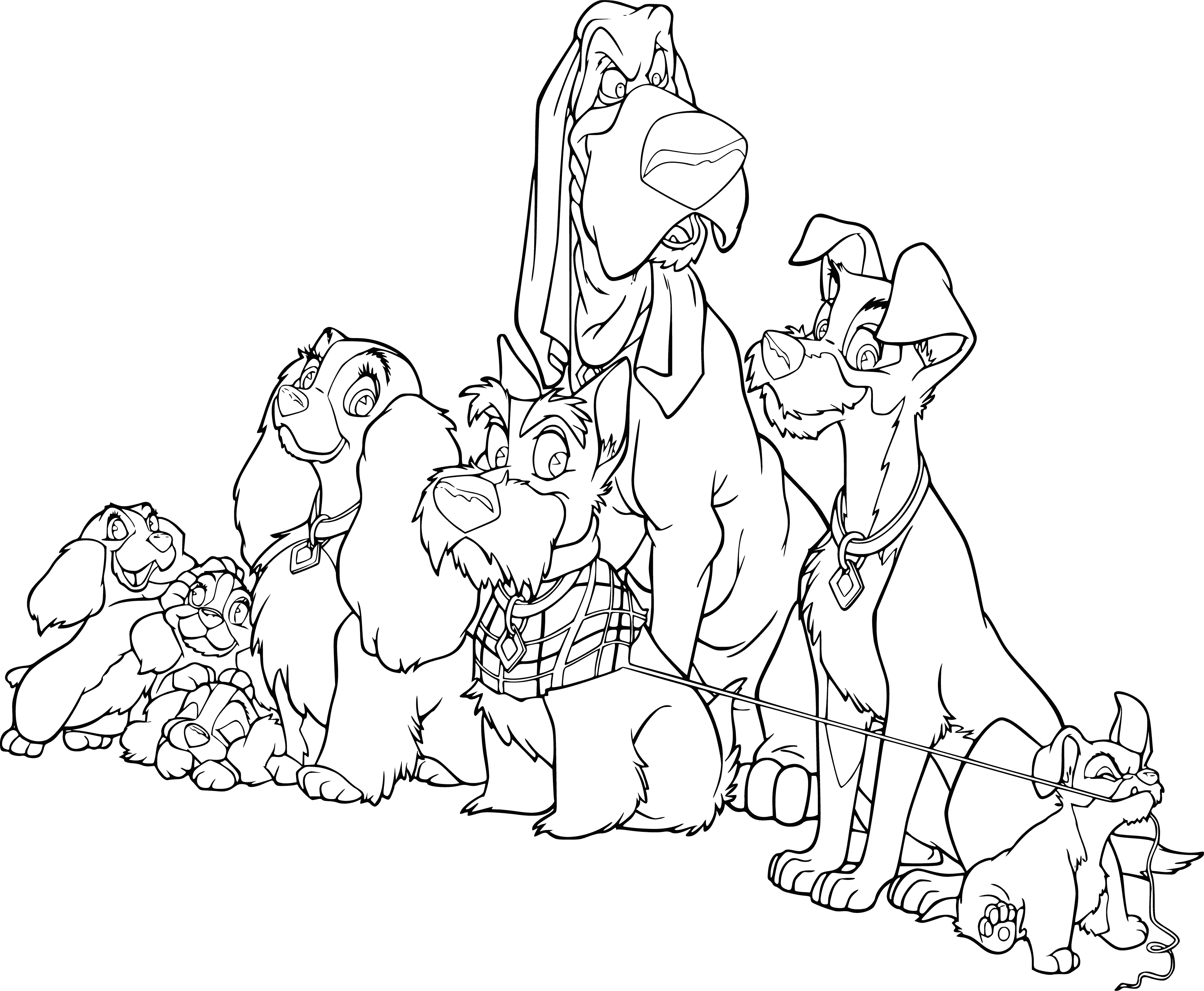 coloring page: Everyone watching Lady & Tramp happily, looking content & at ease - it's clear they're all good friends. #bonding