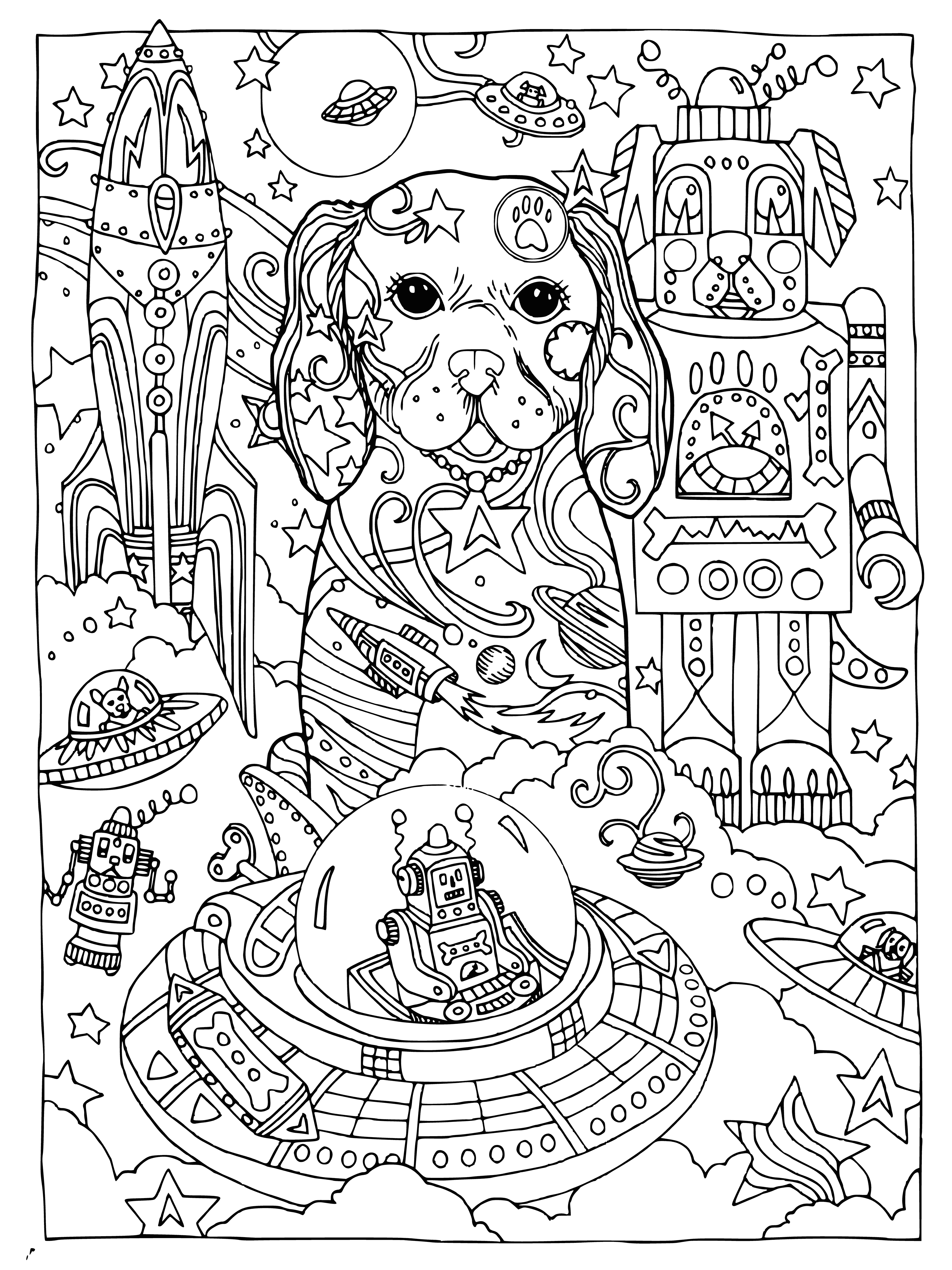 coloring page: Dog & robot playing fetch on a hill; both look to be having fun.