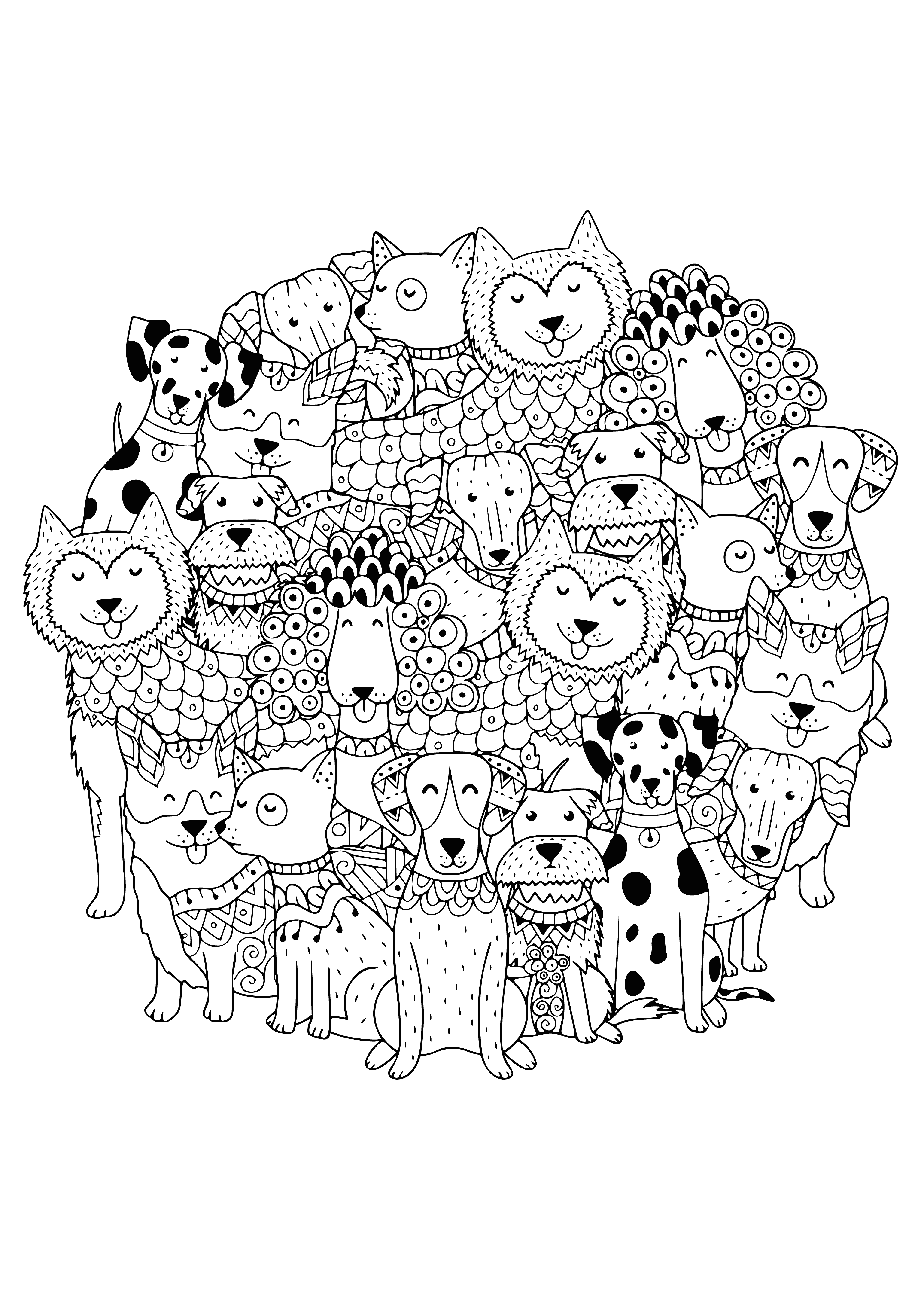 coloring page: Dog licking paw, scratching ear, eyed closed, tail wagging, rear end in air.