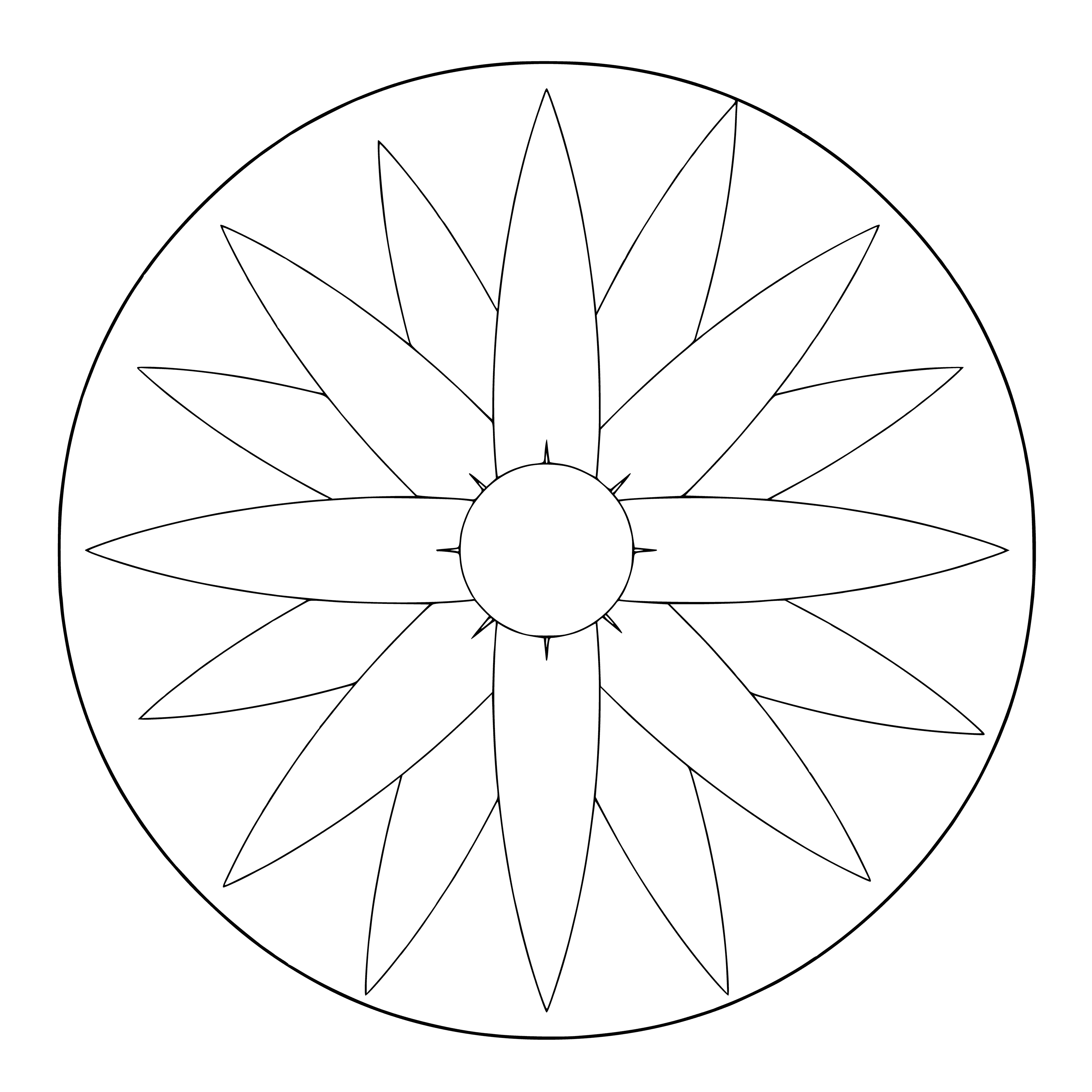 coloring page: Geometric mandala of a dot center radiating a black & white repeating pattern outward.