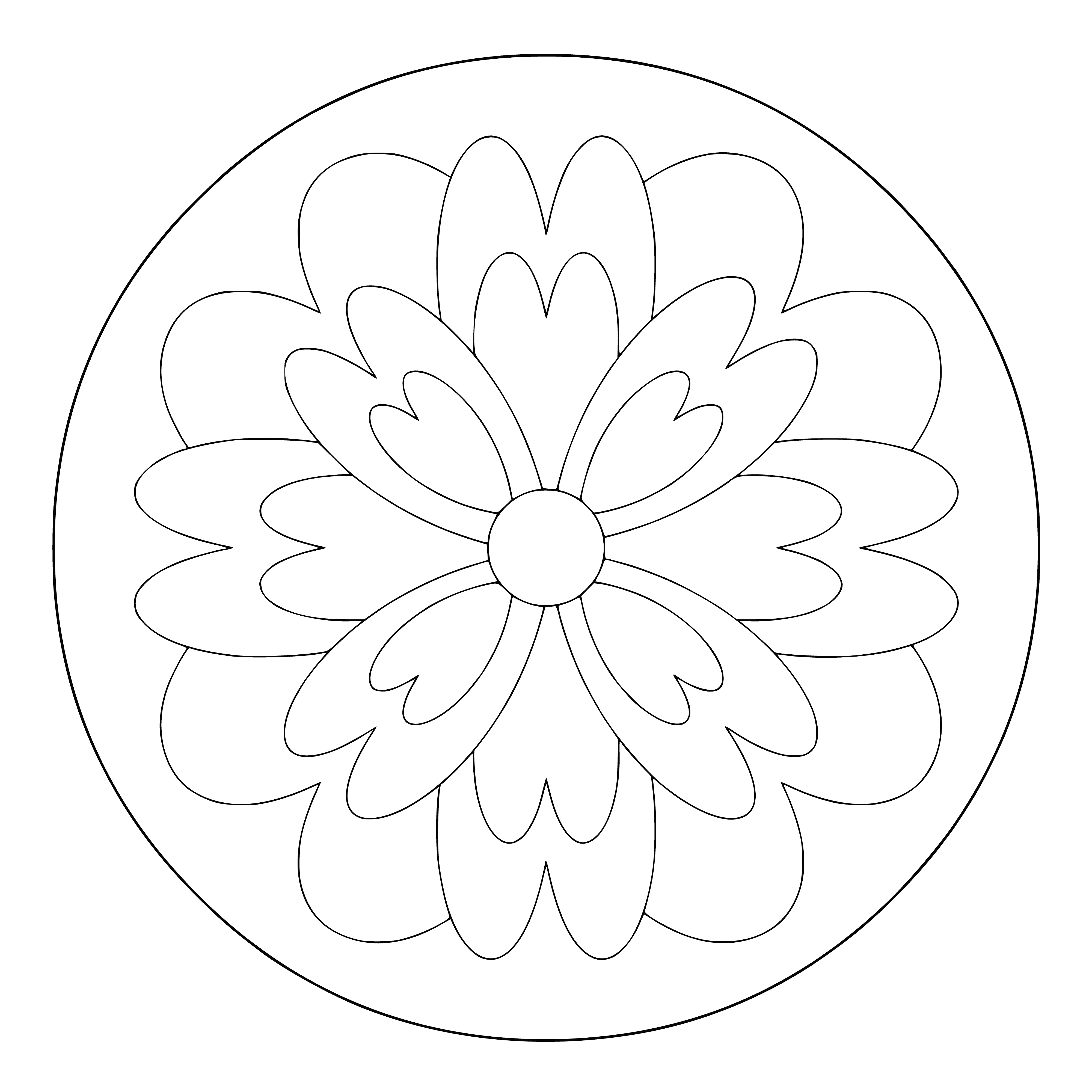 coloring page: Circle in center surrounded by four triangles, square with four diamonds inside, eight circles connected by lines outside. #MandalColoring