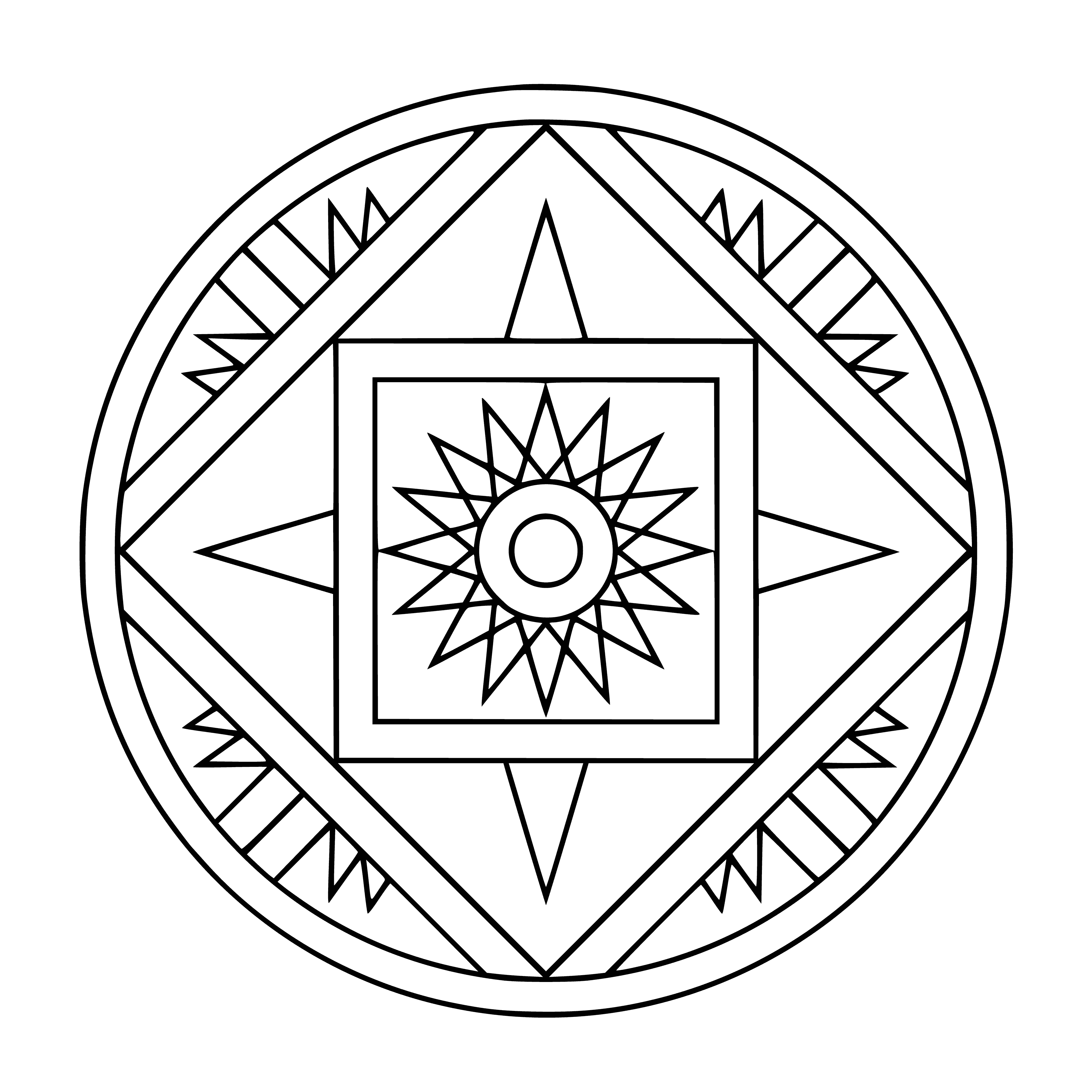 coloring page: Circle w/ smaller circle divides 4 quadrants each w/ diff. design: lotus flower, spiral, star, sun. Bordered by outer circle.