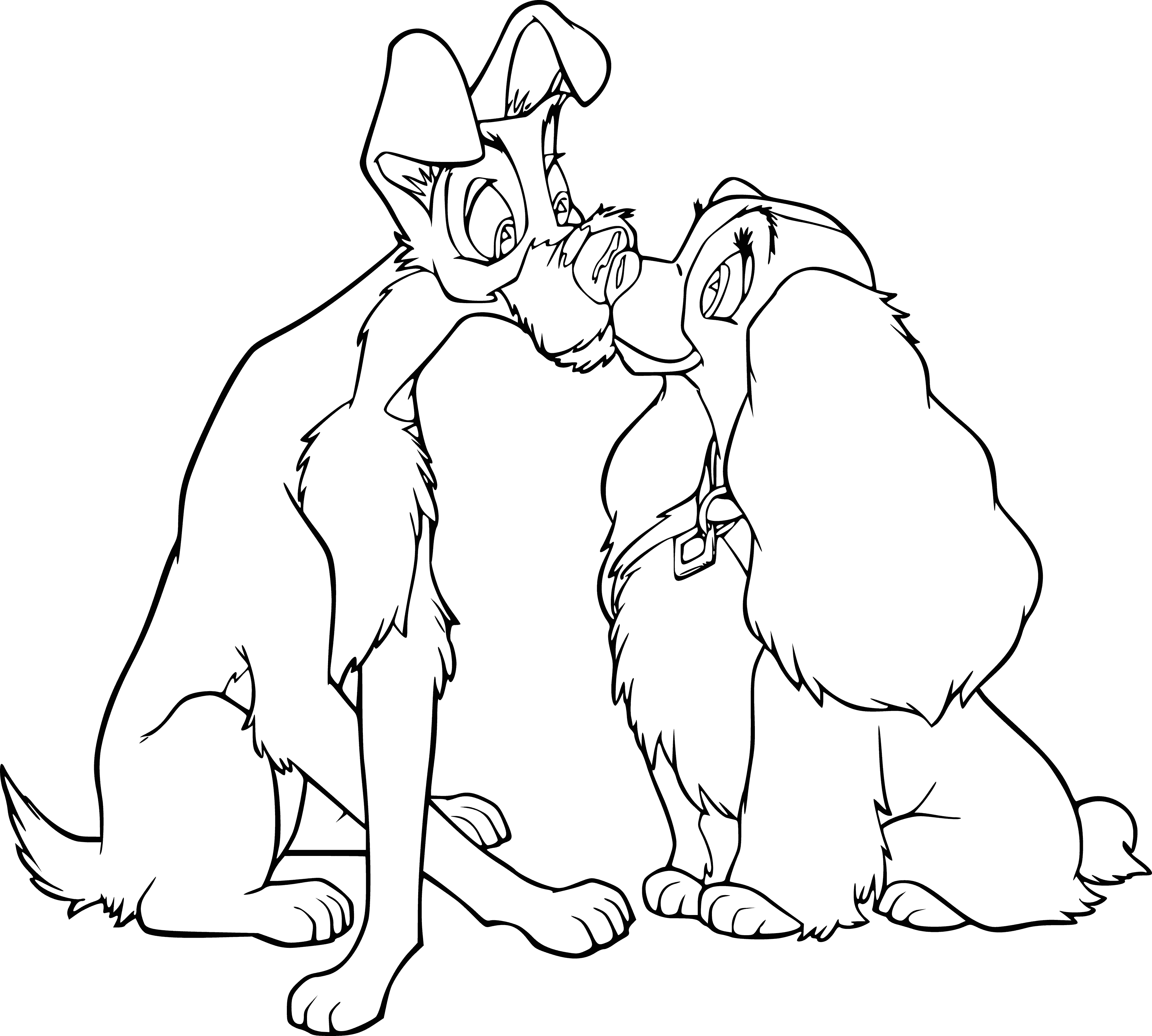 coloring page: Two dogs on a hill, almost touching, winking & tongue out – under a crescent moon.