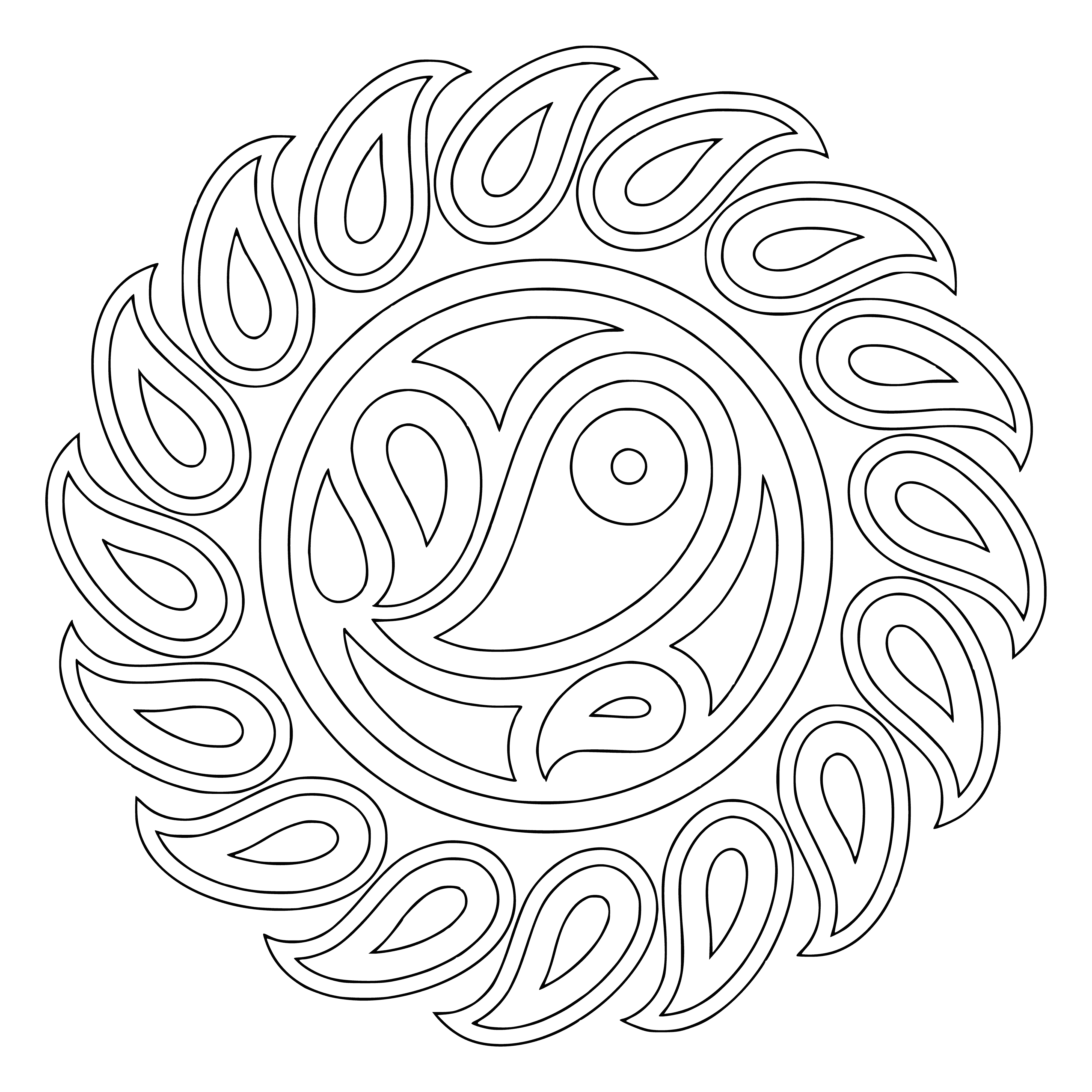 coloring page: A mandala is a circle with 3 concentric circles, surrounded by a square divided into 4 colored quadrants. In the center is a black dot. #meditation #yogapractice