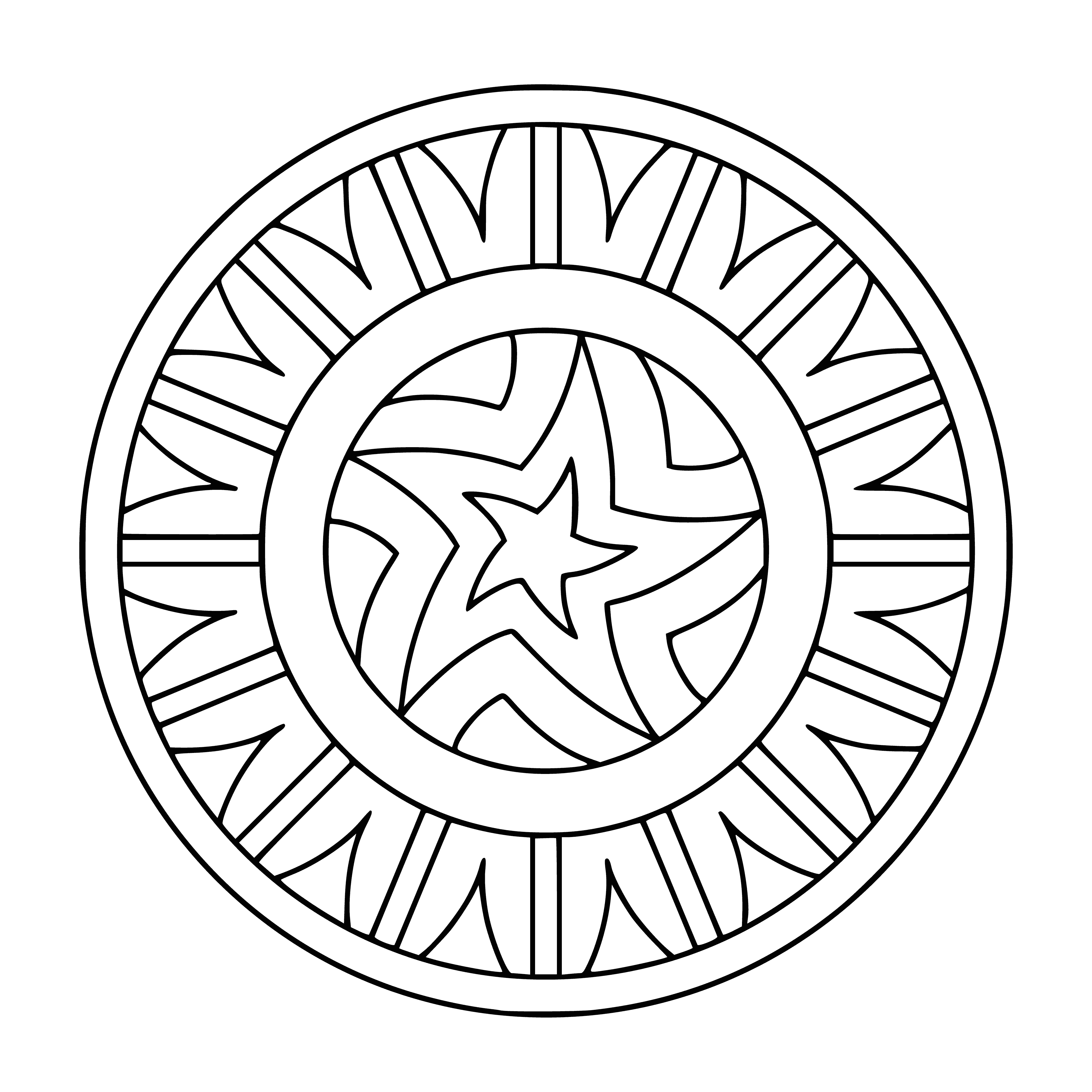 coloring page: Mandala coloring page of symmetrical design with flower in center & border of repeating geometric shapes on white background.