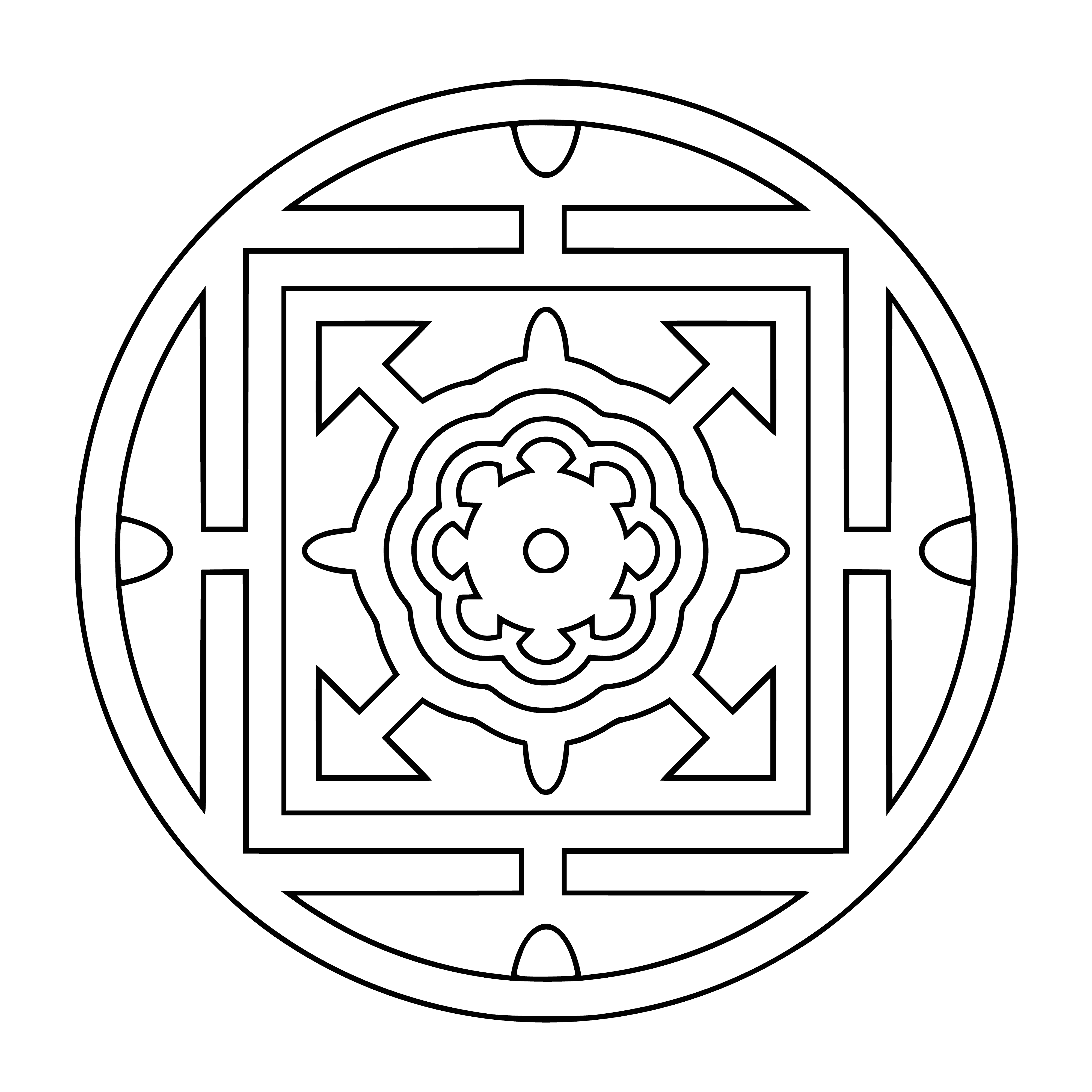coloring page: Intricate, often symmetrical circular or geometric patterns used for coloring – mandalas provide calming "me" time.