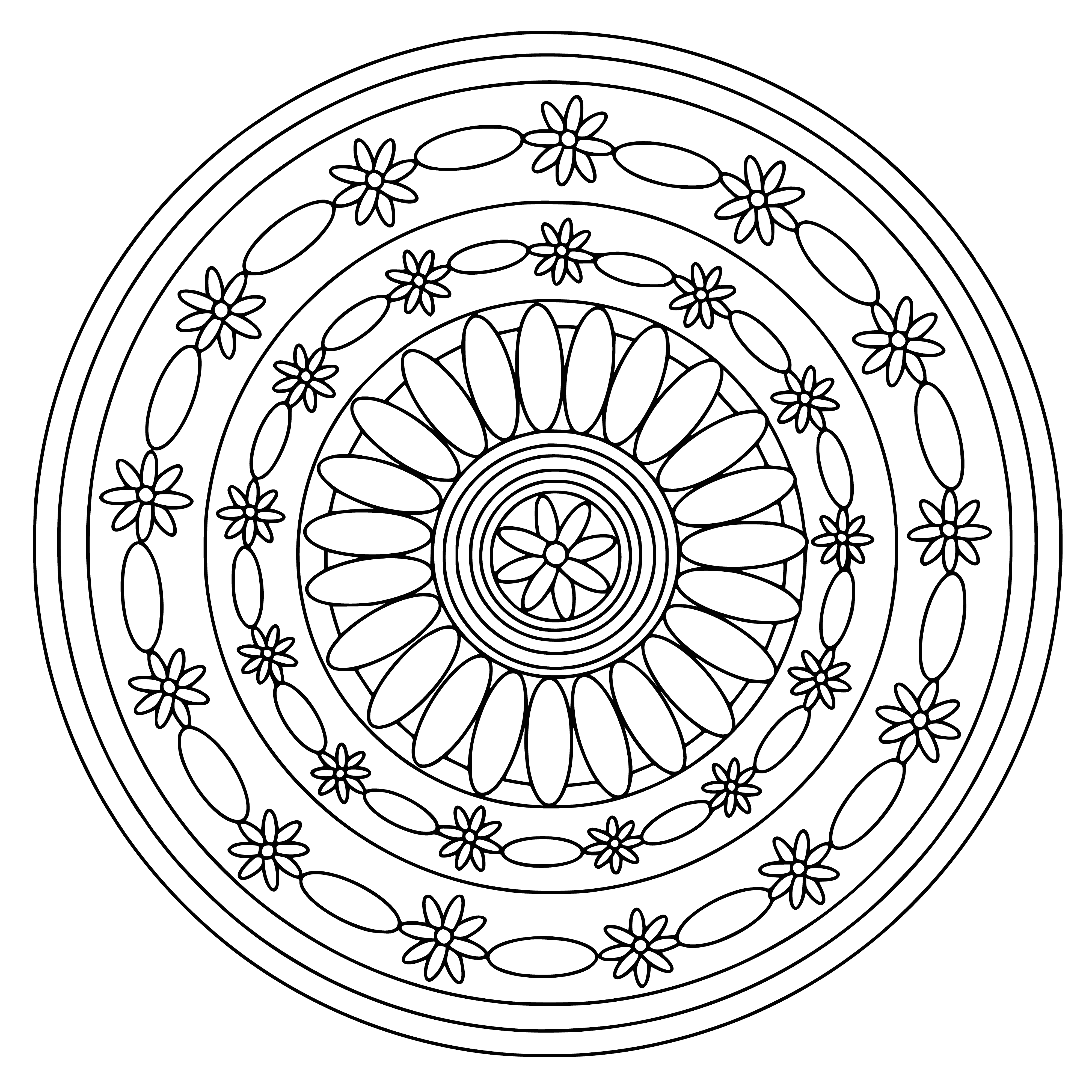 coloring page: A mandala is a symbol of the universe, with the sun, moon & earth at its center, surrounded by 4 cardinal points & a square, encircled by infinite nature.