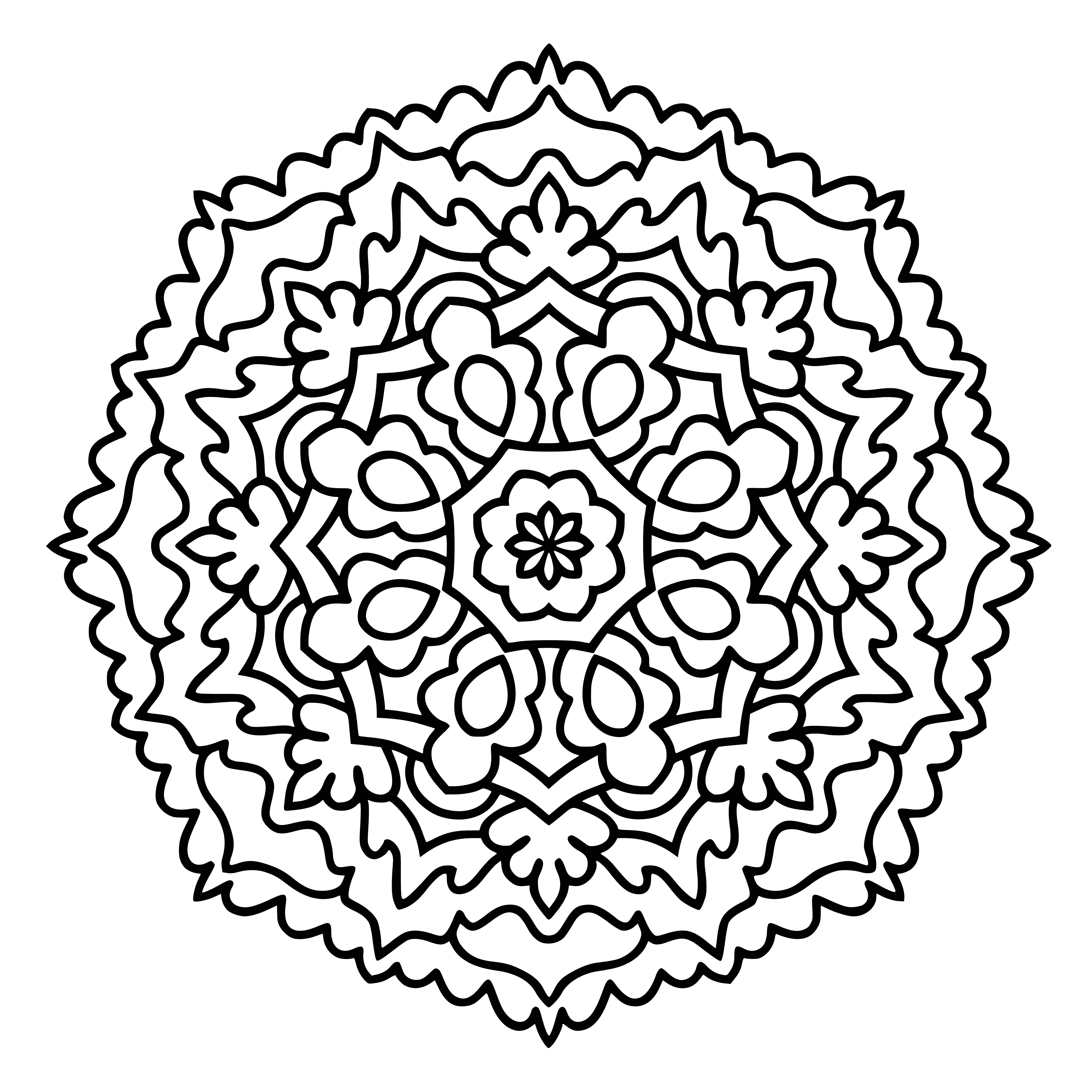 coloring page: Detailed, intricate mandala coloring pages to relax & unwind. Circular shape filled with swirls and loops. Lots of spaces to color & de-stress.