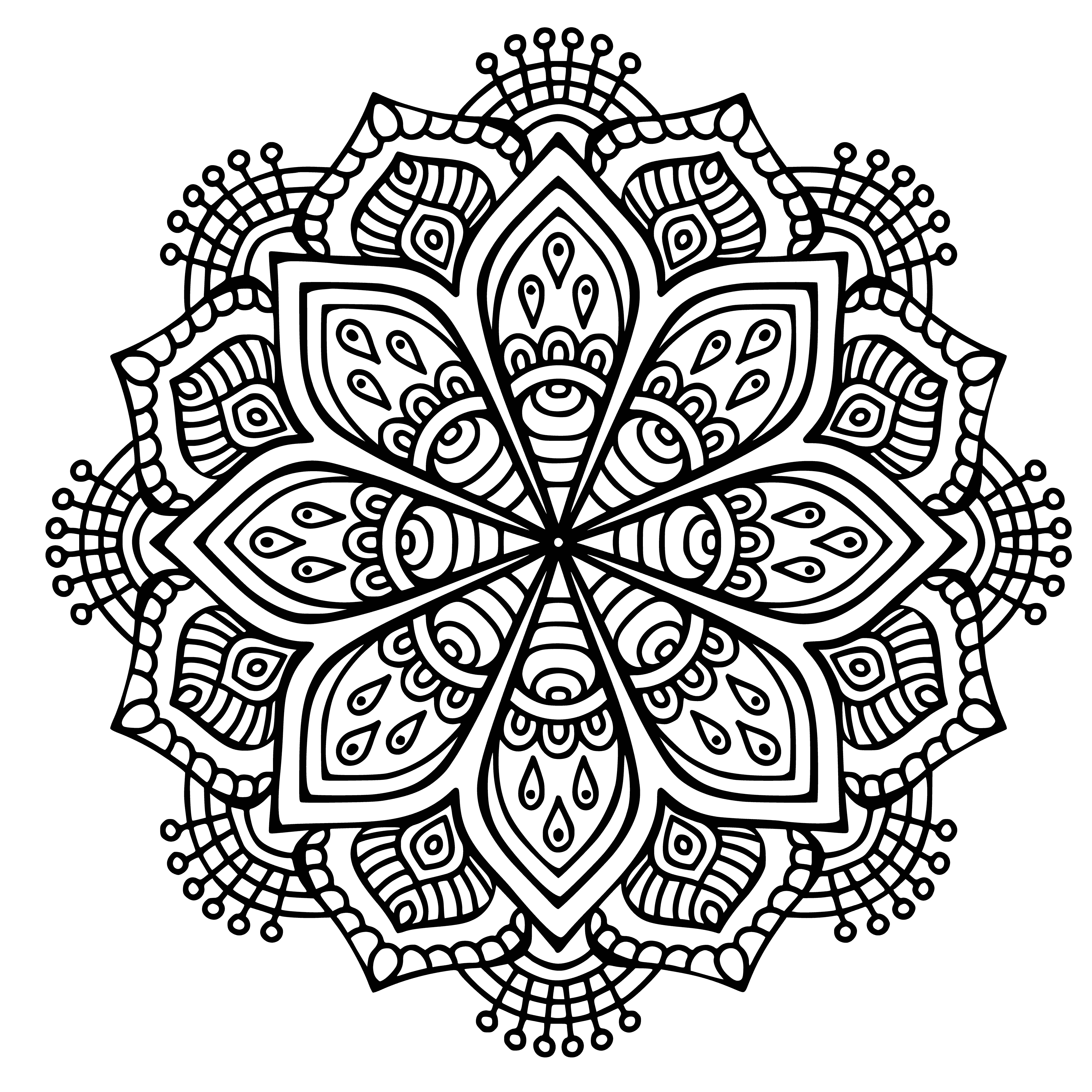 coloring page: Circular design of intricately patterned colors and shapes radiating from a center point.