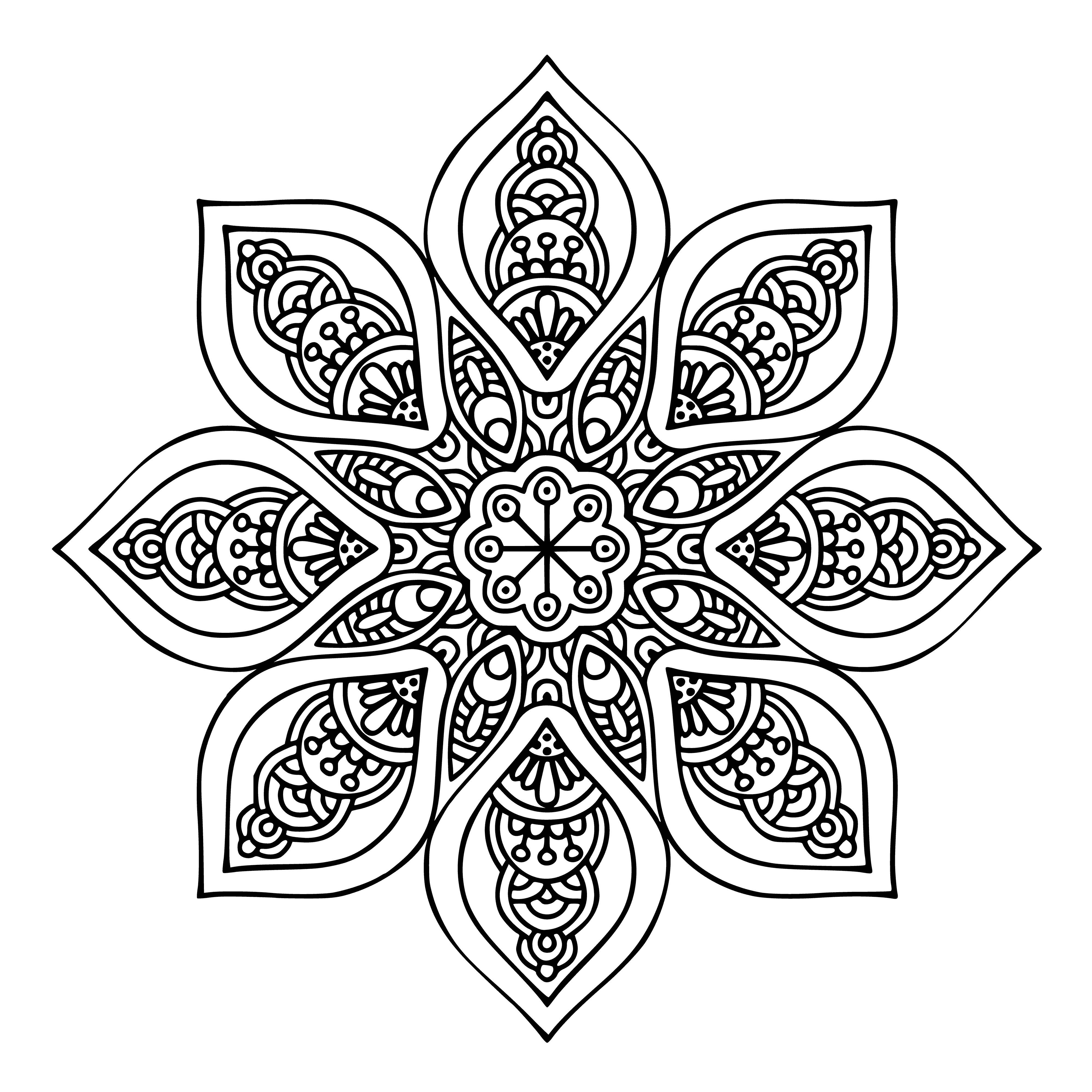 coloring page: Mandala coloring page has circles, triangles and flowers. Different sizes, lines and colors. Petals for the flowers. #coloringpages #mandala