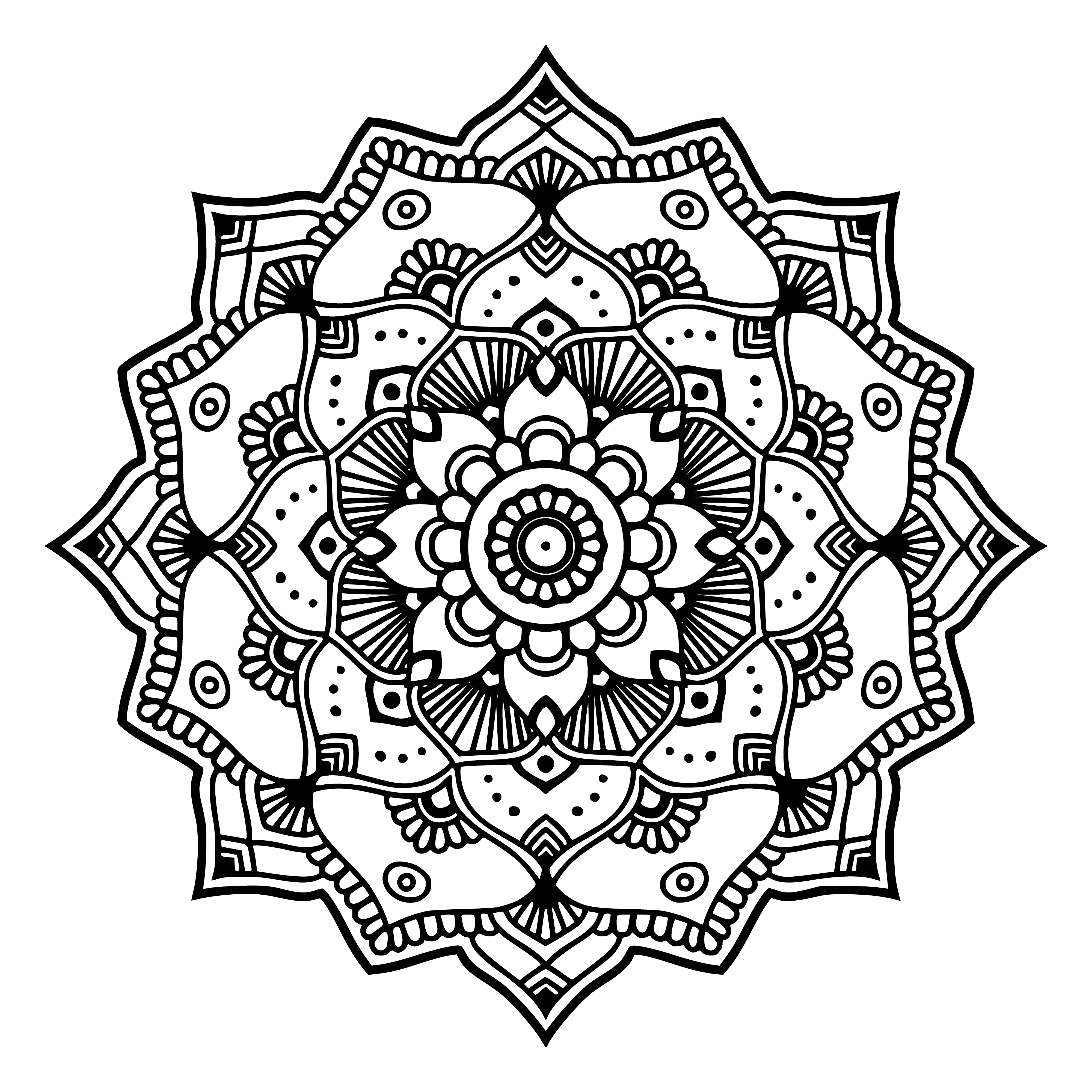 coloring page: Intricate flower mandala with 8 petals & 8 smaller flowers, leaves & vines, connected with a circular border. #art