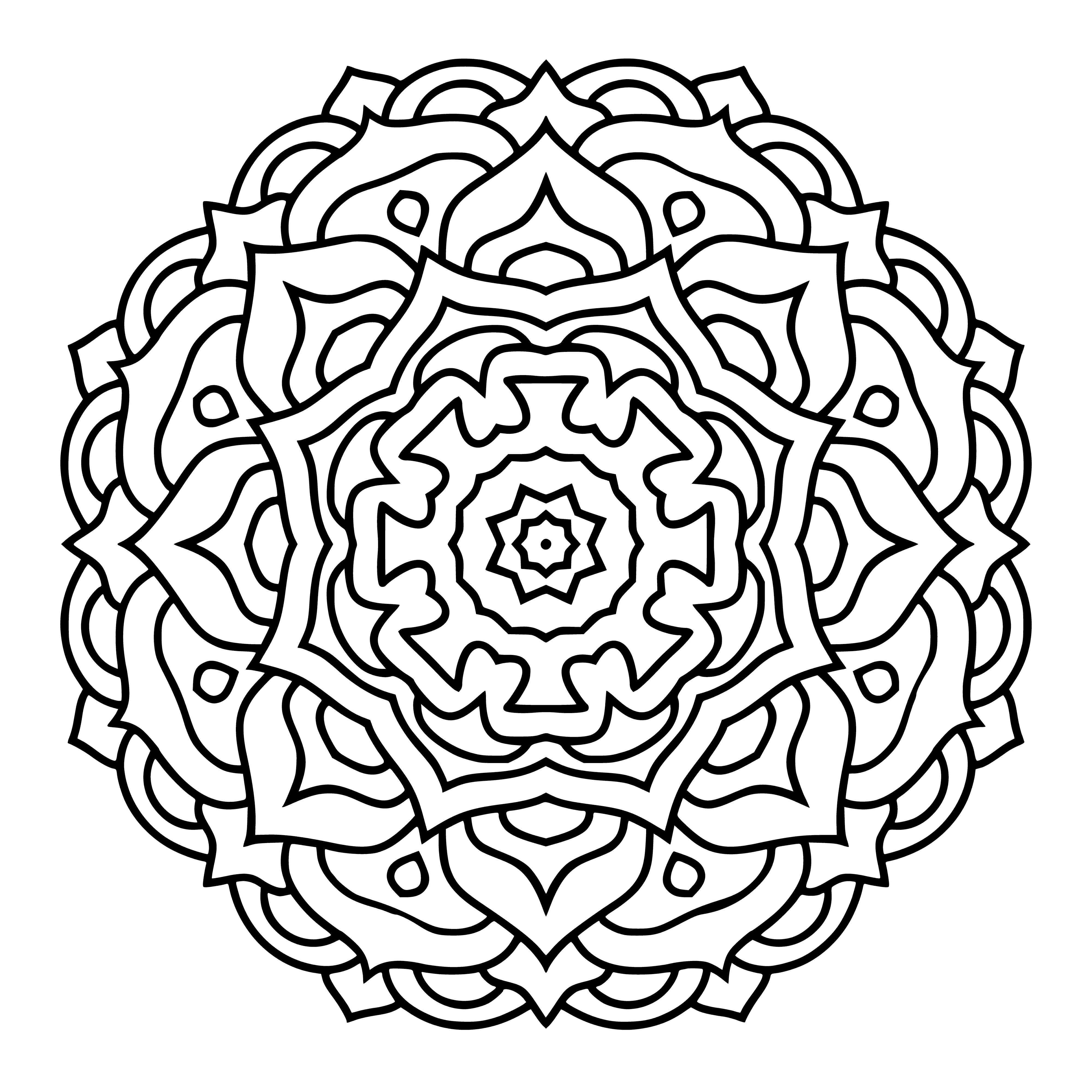 coloring page: Large intricately-designed mandala w/ various colored shapes & patterns in center & each corner. #art #design
