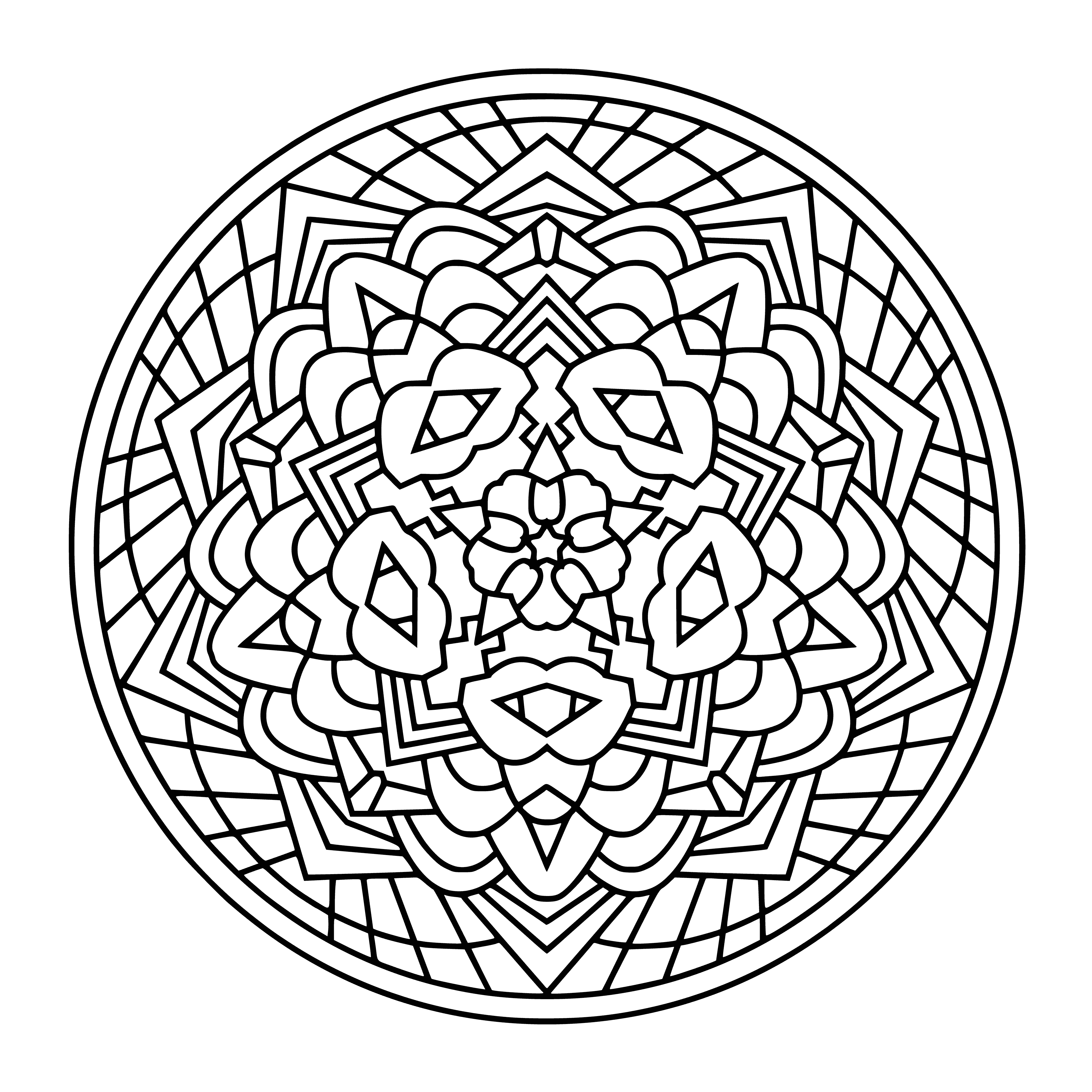 coloring page: Radial symmetrical designs in a circle full of busy patterns & shapes. Connecting it all is a central circle in a variety of colors. #art