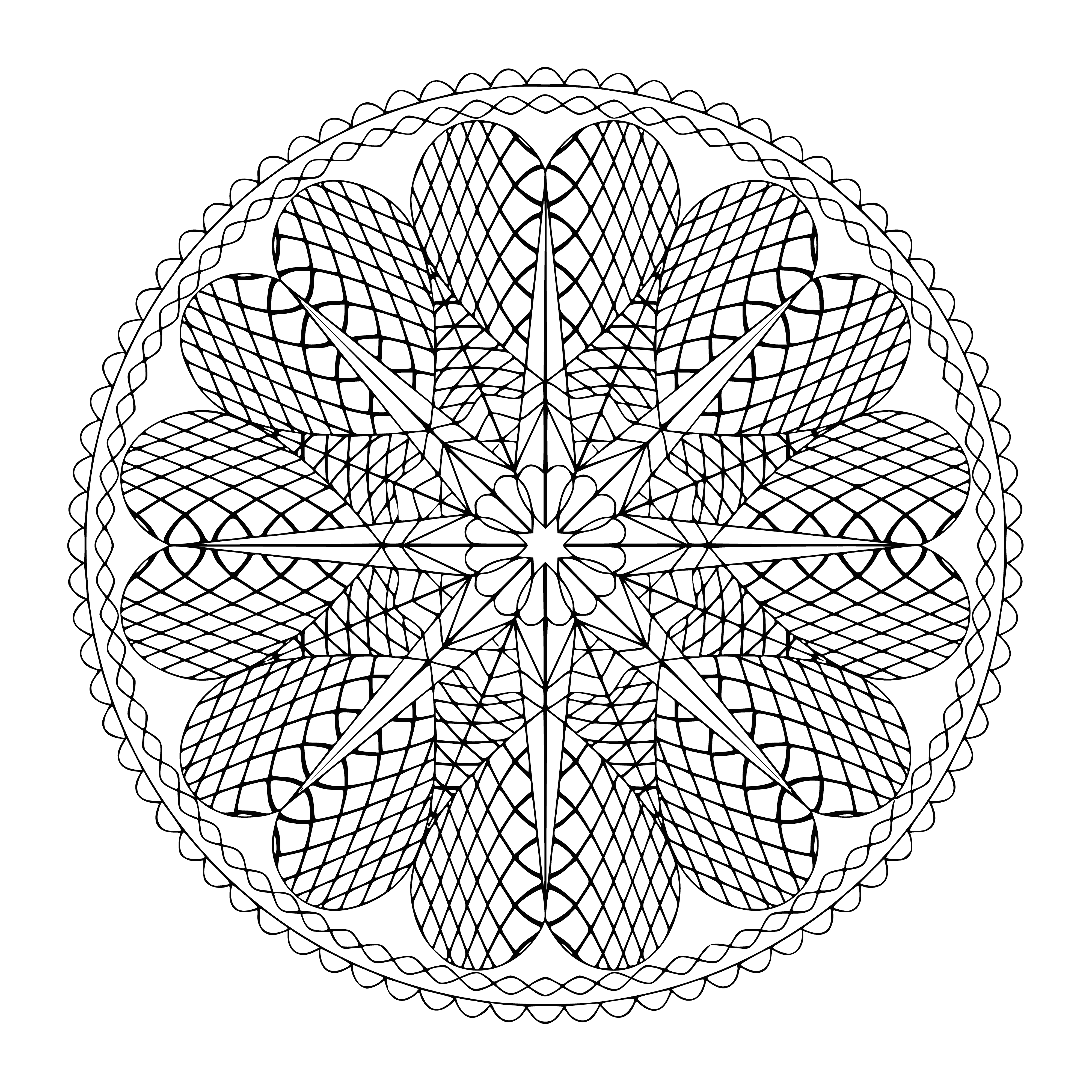 coloring page: Coloring page has intricate patterns, is symmetrical w/ circle in center, swirls/shapes outline in black/not, various symbols.