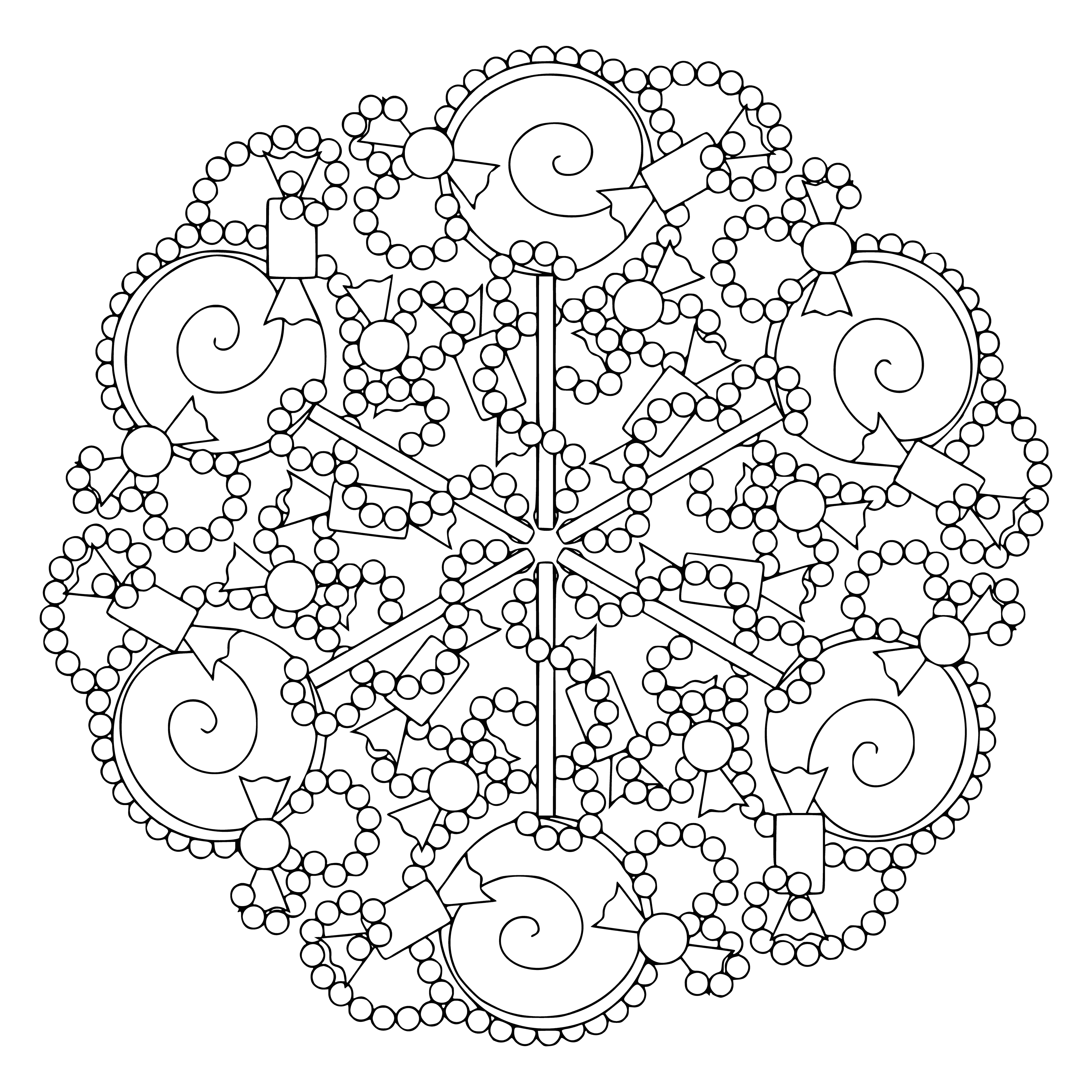 coloring page: Design w/ circular patterns & symbols, symmetrical or asymmetric. Often brightly colored. Symbolizing life's journey & connection to the universe.