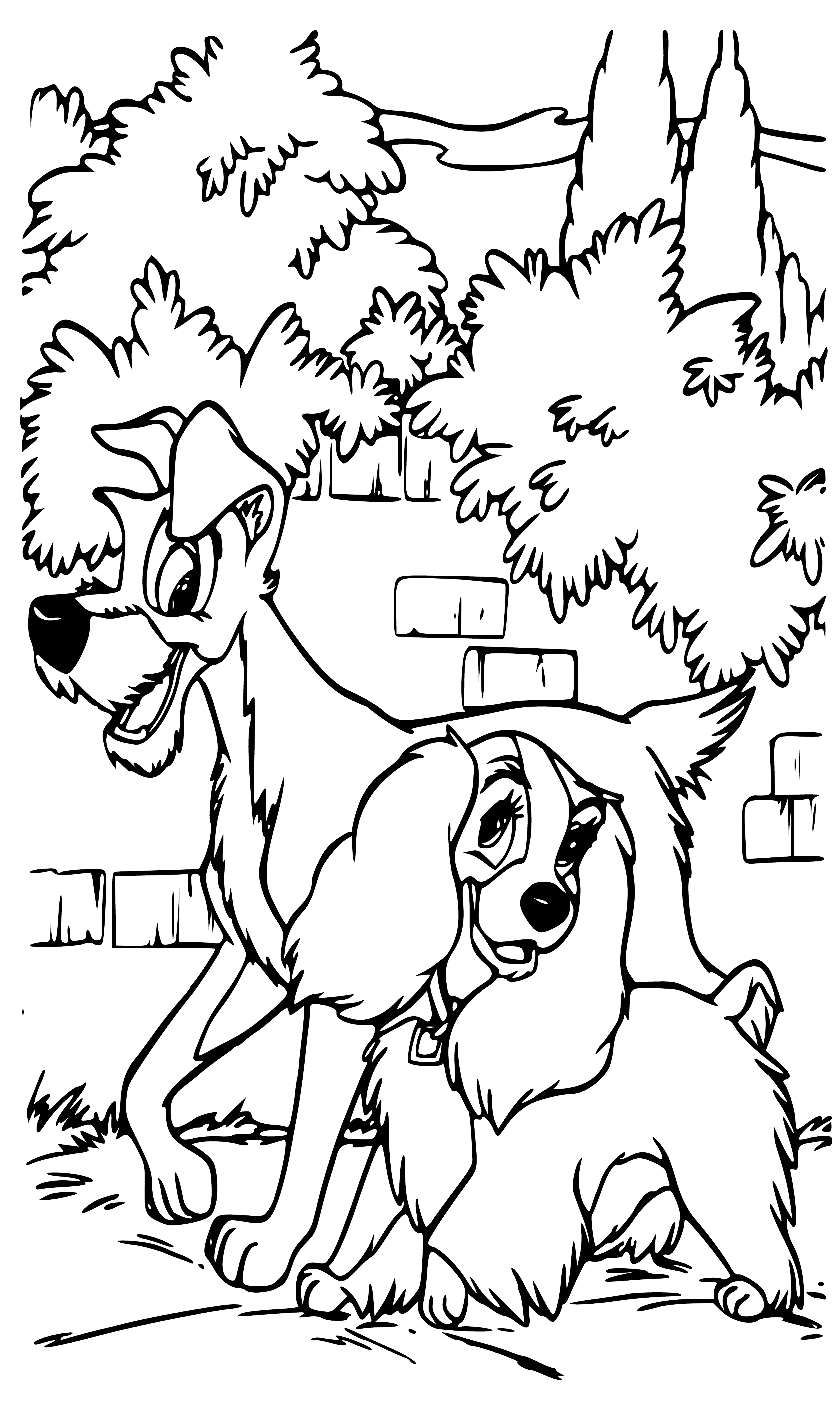 coloring page: A high-class lady and street-wise mutt fall in love and have an adventurous journey together.