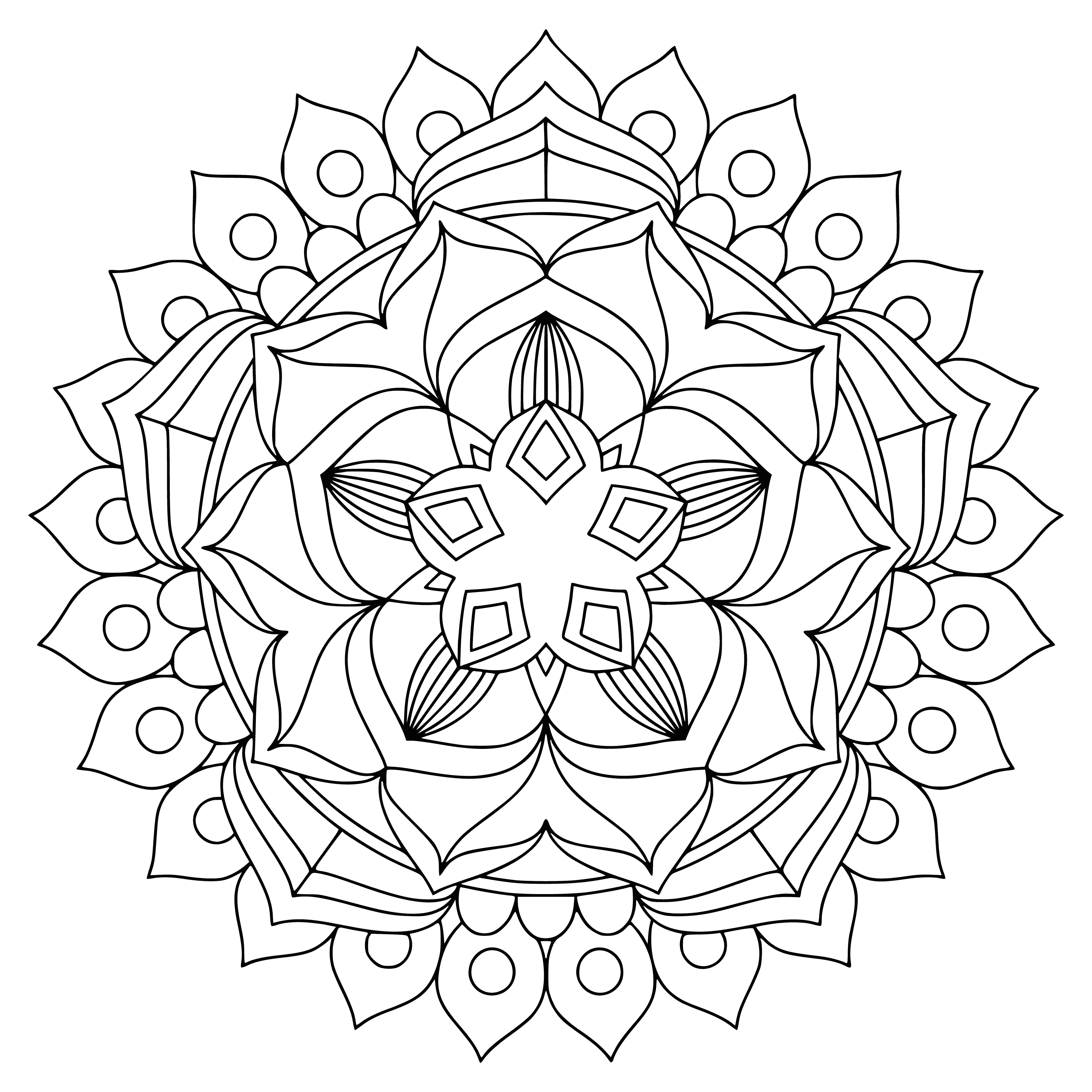coloring page: 140 Characters: Coloring page featuring a symmetrical flower mandala with a lotus in the center and intricate patterns in each section.