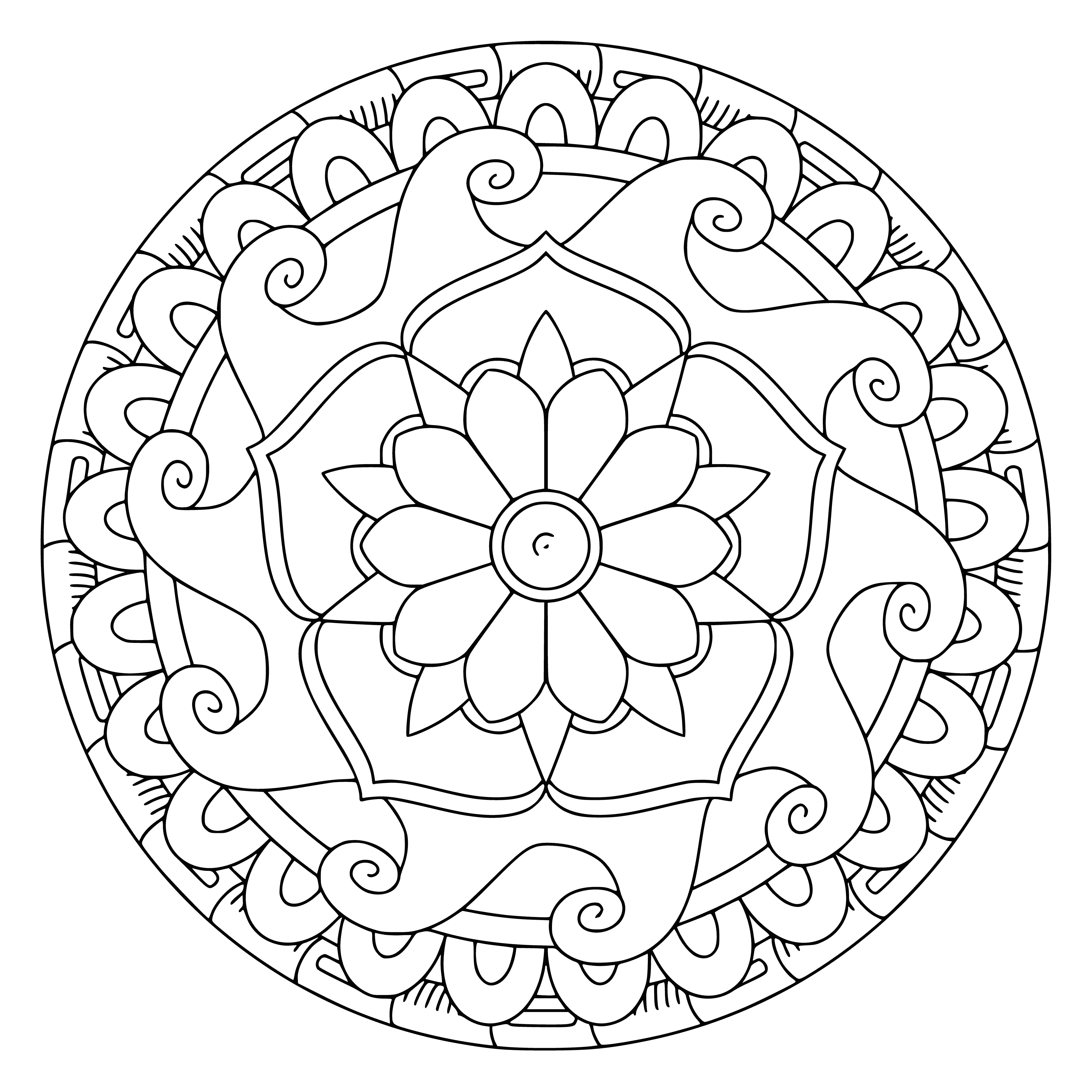 coloring page: Mandala circles arranged to create flower shape; decorated w/ geometric pattern.
