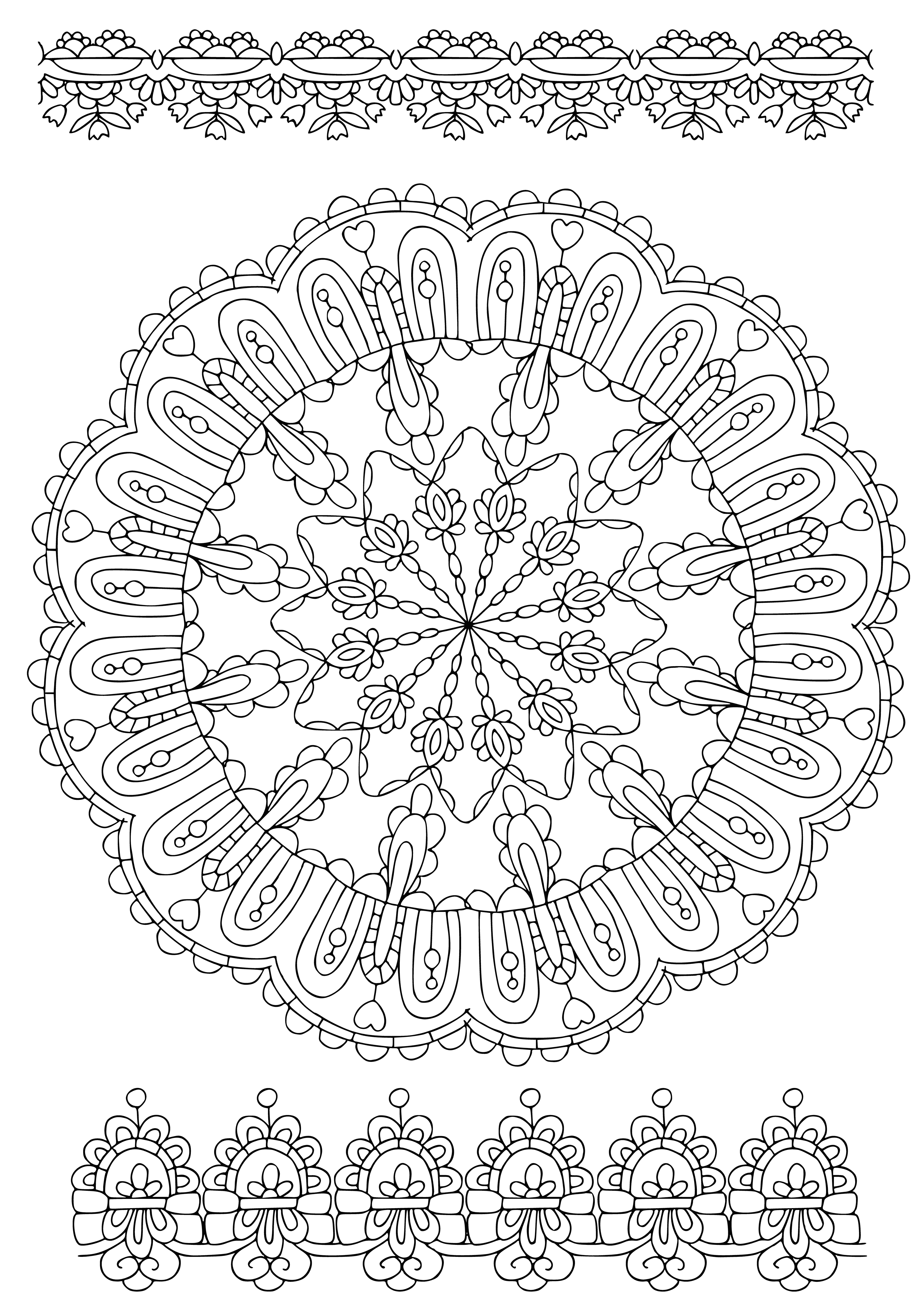 coloring page: A 2.5 cm dia. center circle with 8 petals of different colors, outlined in black. 8 curved lines in colored perimeters complete the mandala.