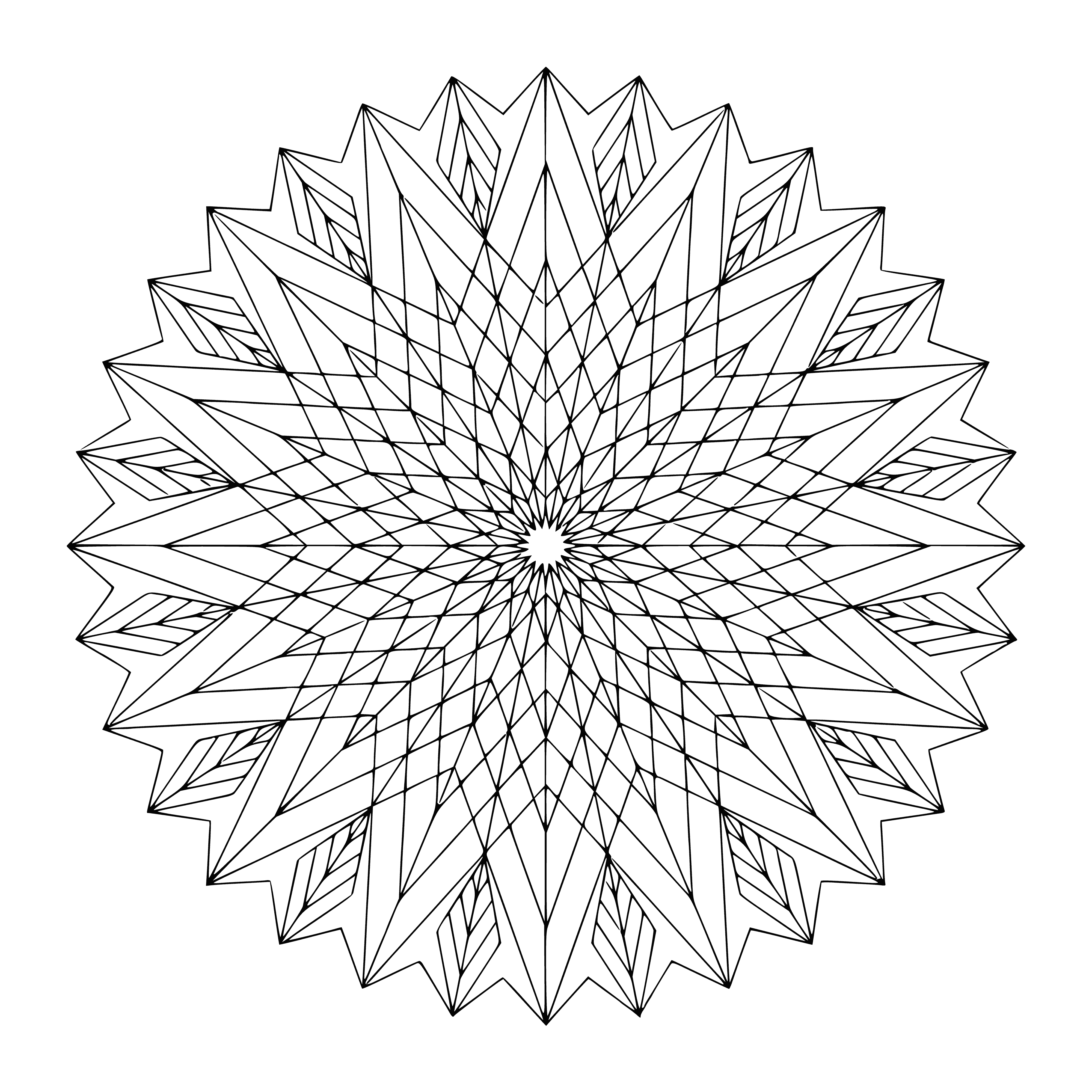 coloring page: A central circle with intricate shapes radiating out from it. Filled with triangles, squares, stars and different colors for enjoyment. #Coloring #Art #Design