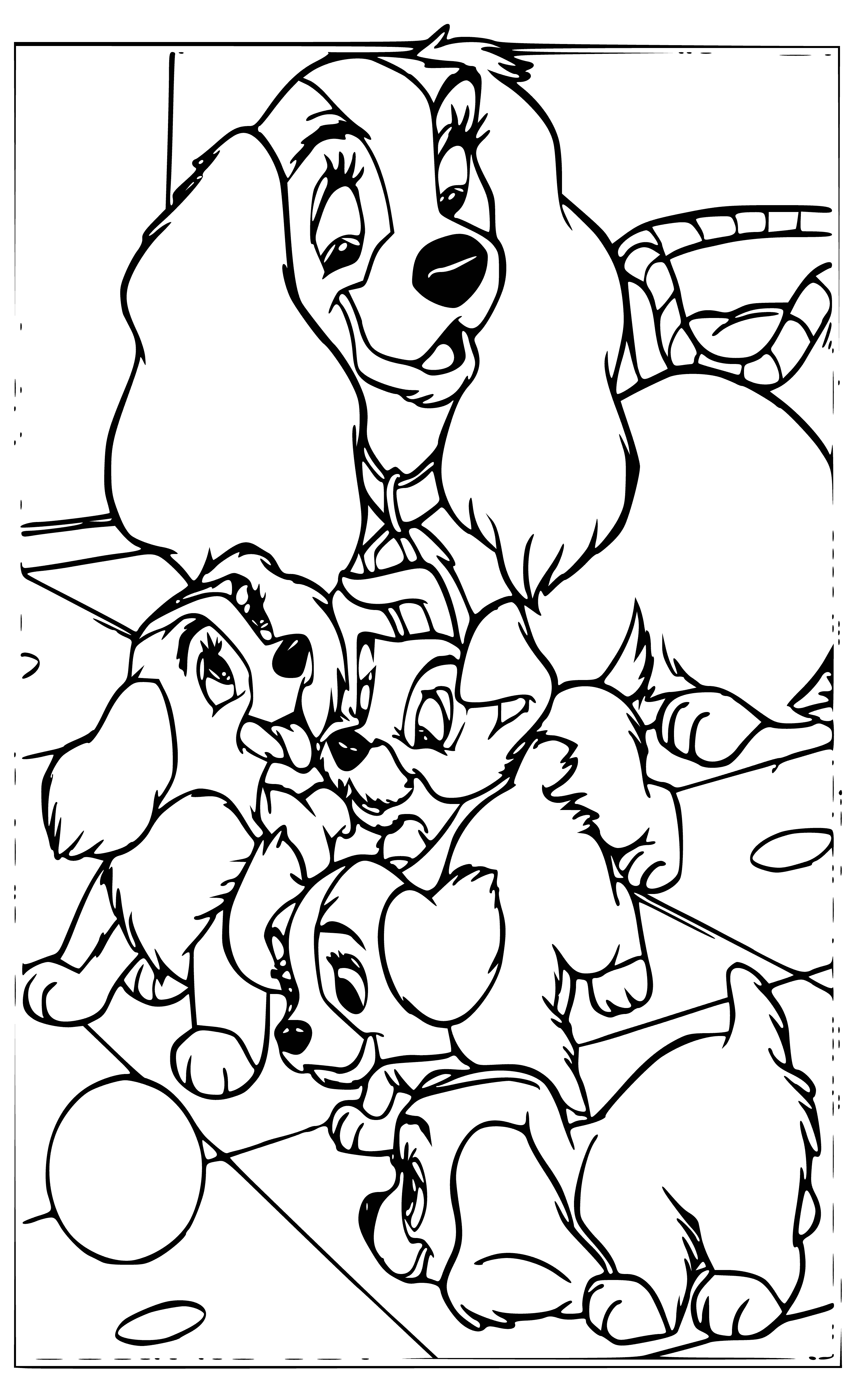 coloring page: Lady stands in middle, looking at Puppies who are playing. Mom rests, watching the show. #adorable #dogmom #doglove