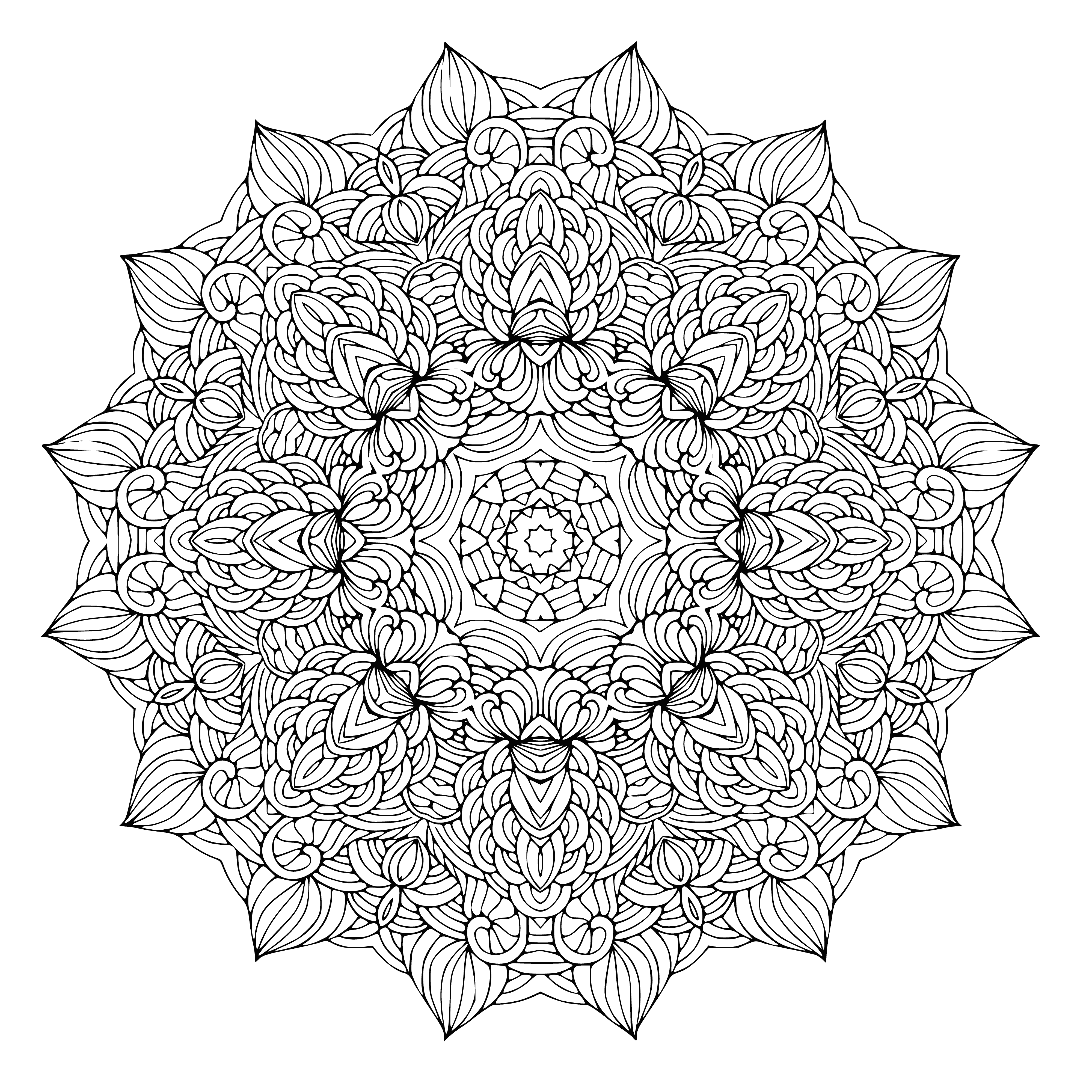 coloring page: Coloring a complex mandala takes time, with intricate details and challenge to stay in lines.