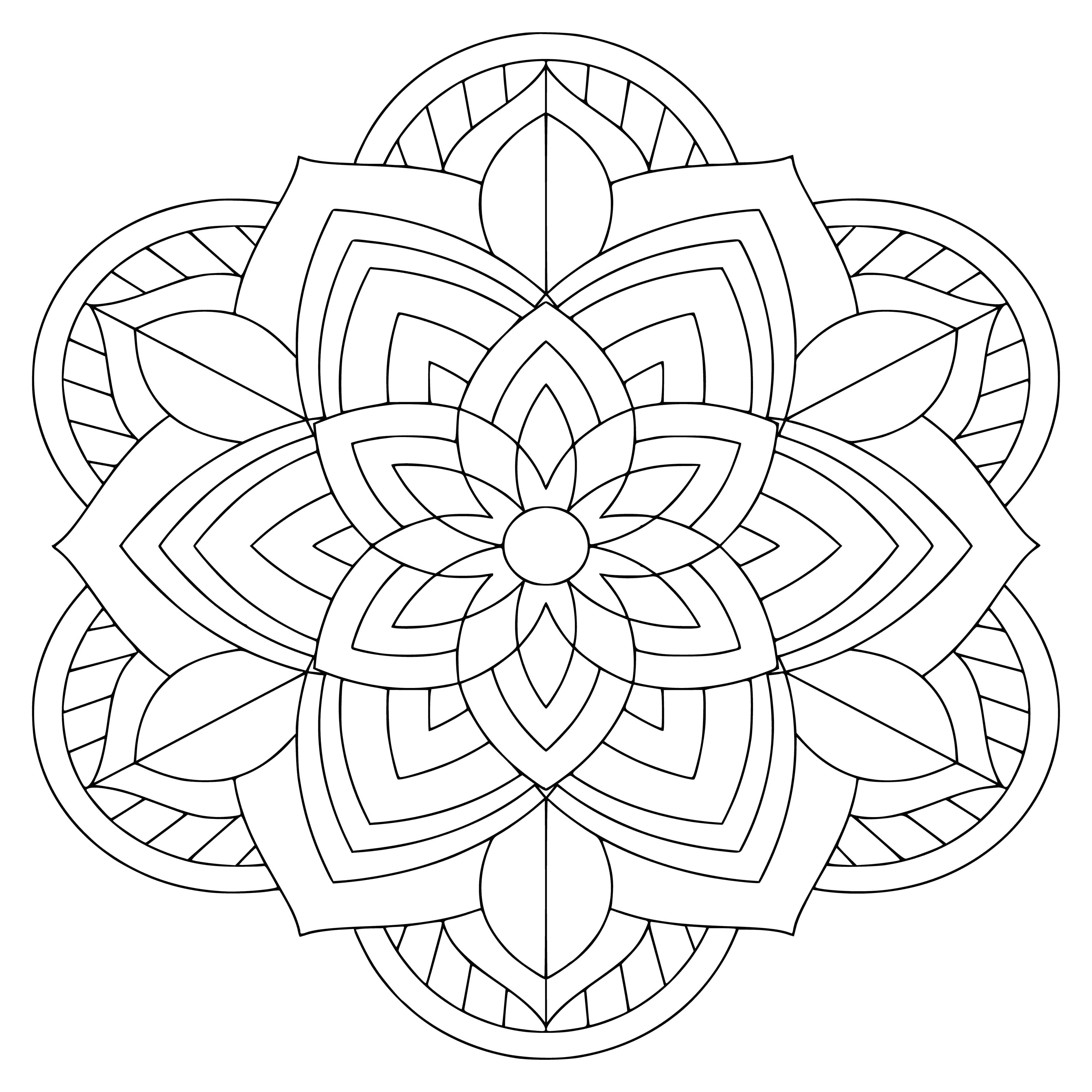 coloring page: Mandala with flower in center; petals are different colors & patterns; around flower are geometric & organic designs. #art