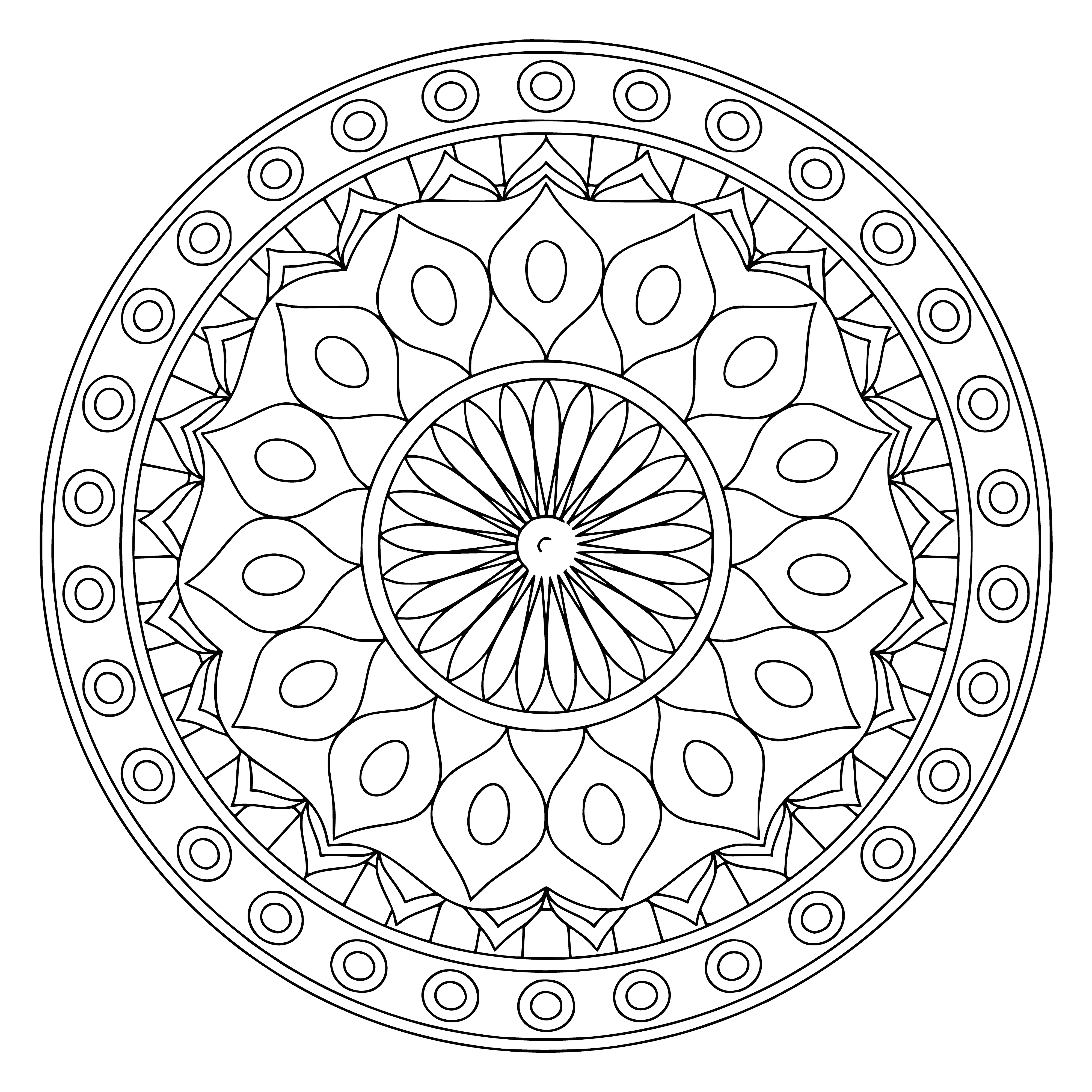 coloring page: Flower mandala has petals in shades of pink and a yellow center; smaller flowers with intricate designs throughout. #Mandala #Flower #RadiantColors