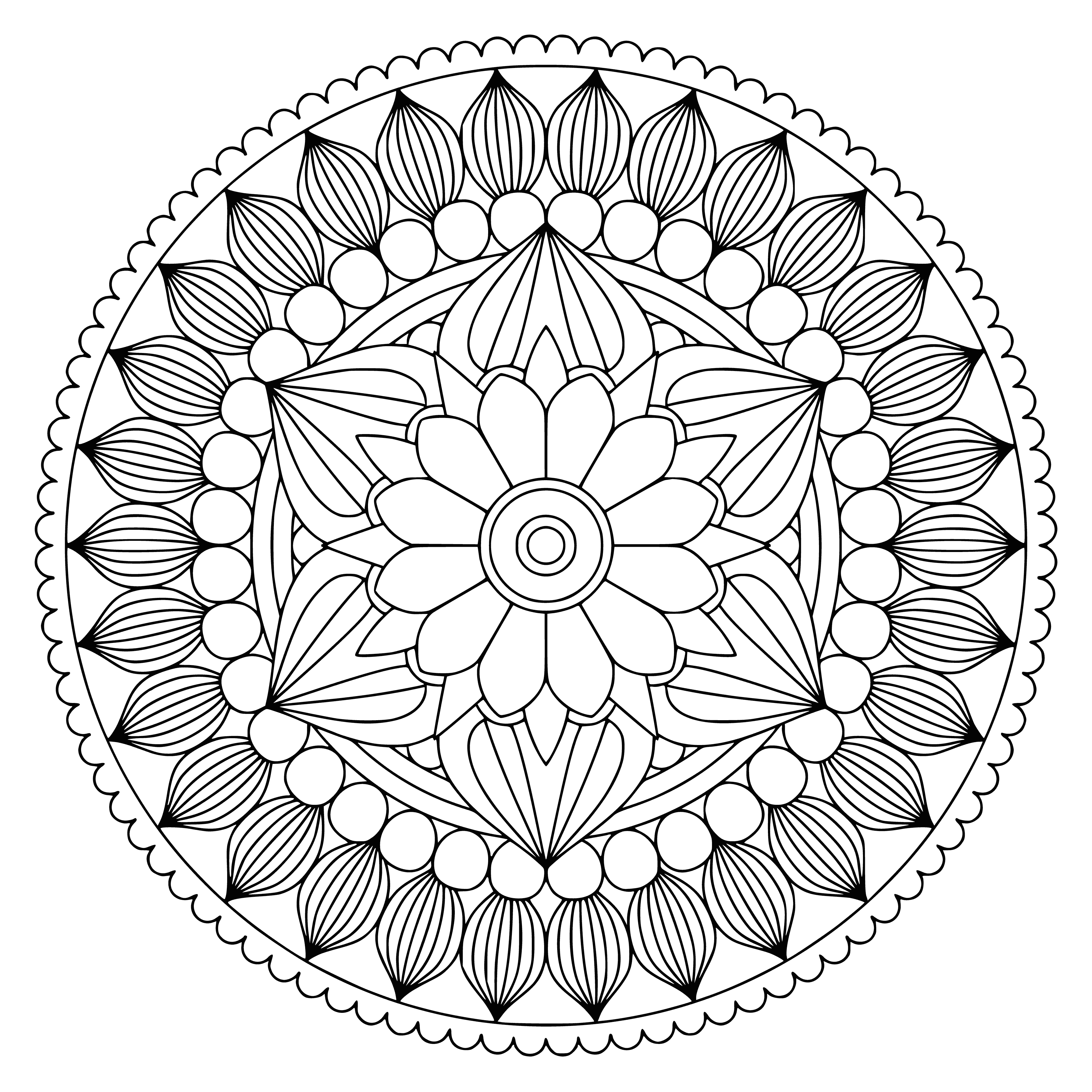coloring page: Color intricate flower mandala! Roses, daisies, and more, this complex design will help you relax and destress.