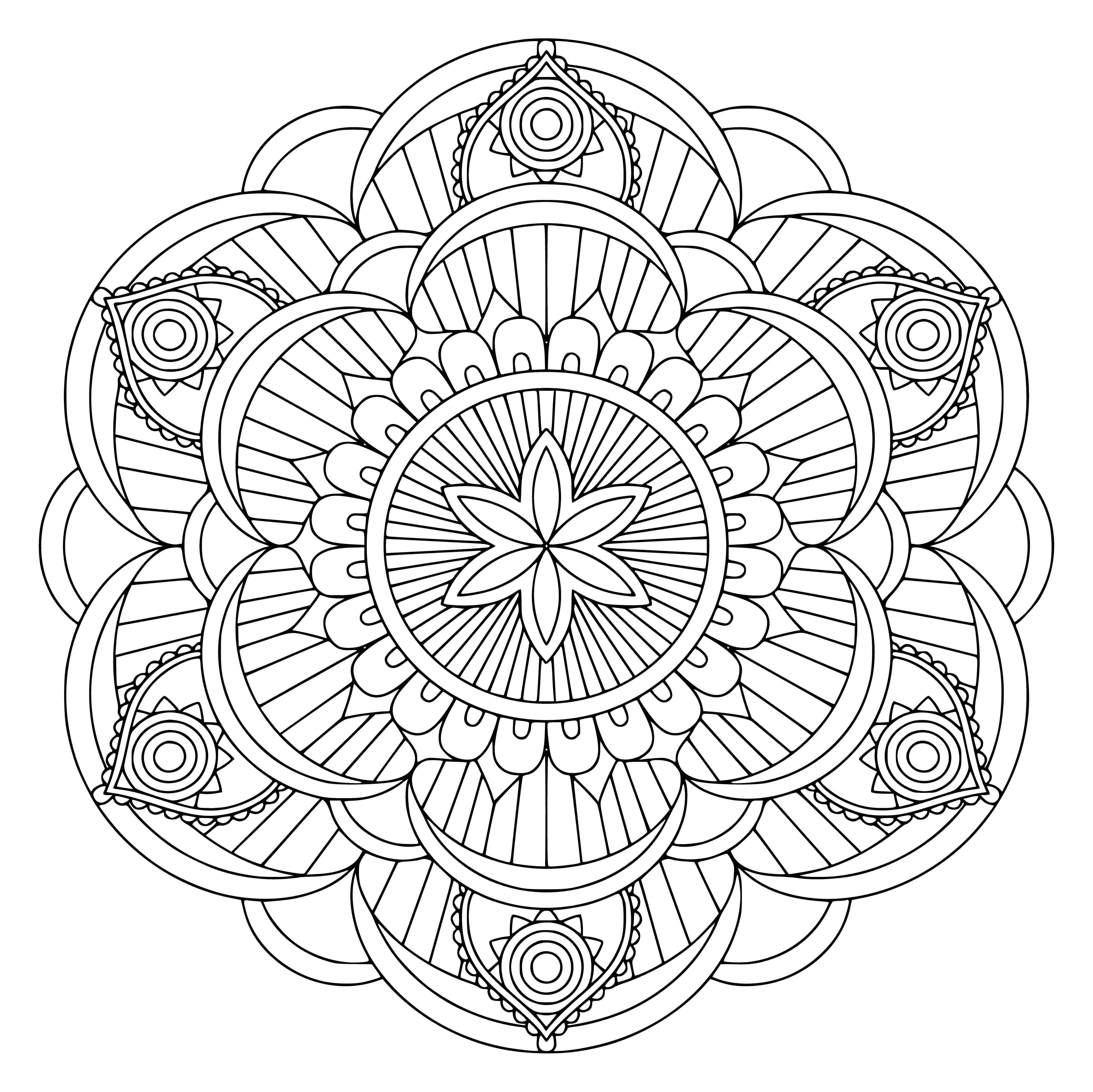 coloring page: Pretty mandala has big flower in center, surrounded by smaller flowers, leaves, and colorful vines. Intricate and full of color.