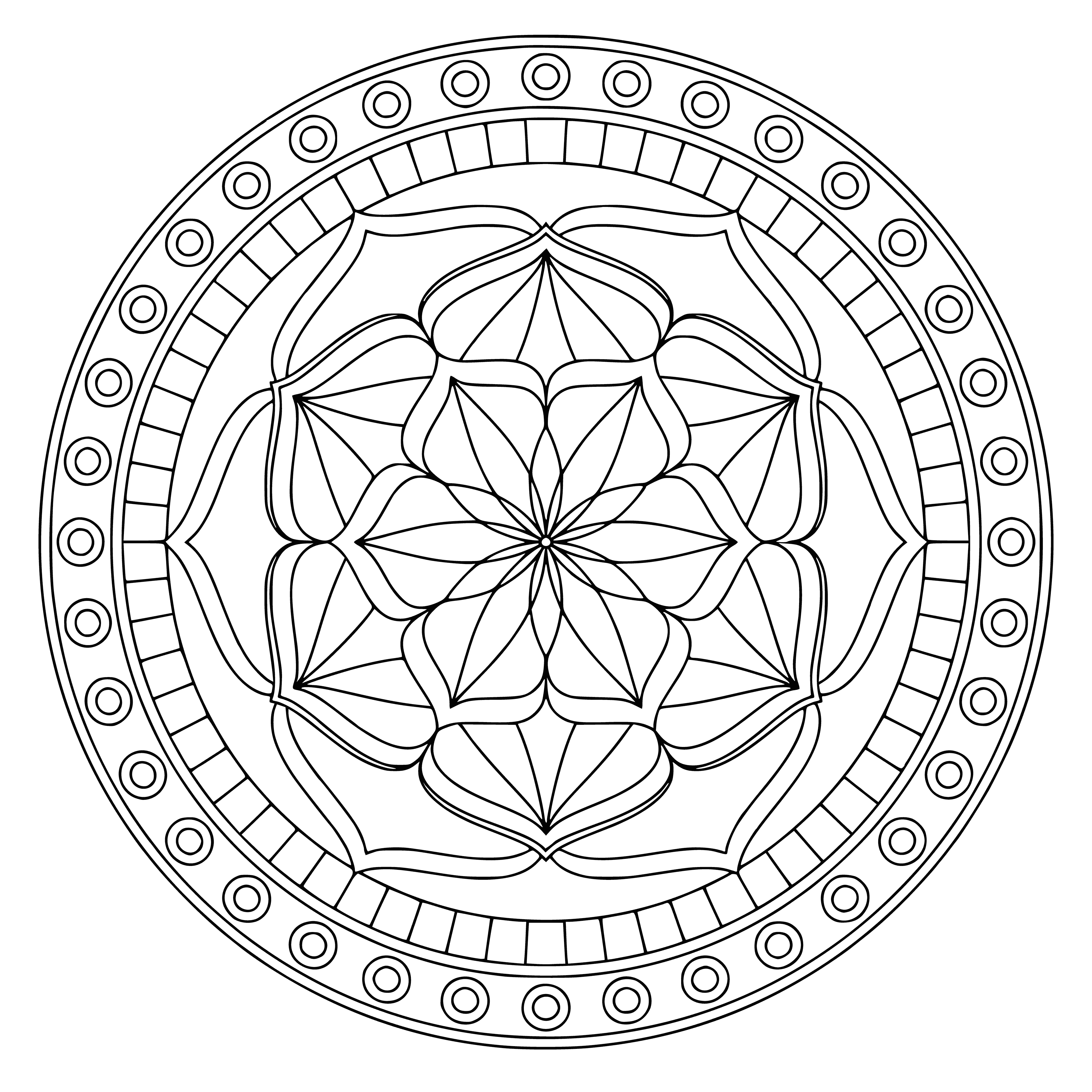 coloring page: Coloring page of flower mandala w/ big flower in middle & petals of purple, blue, pink, & green. Smaller flowers around & background is white.