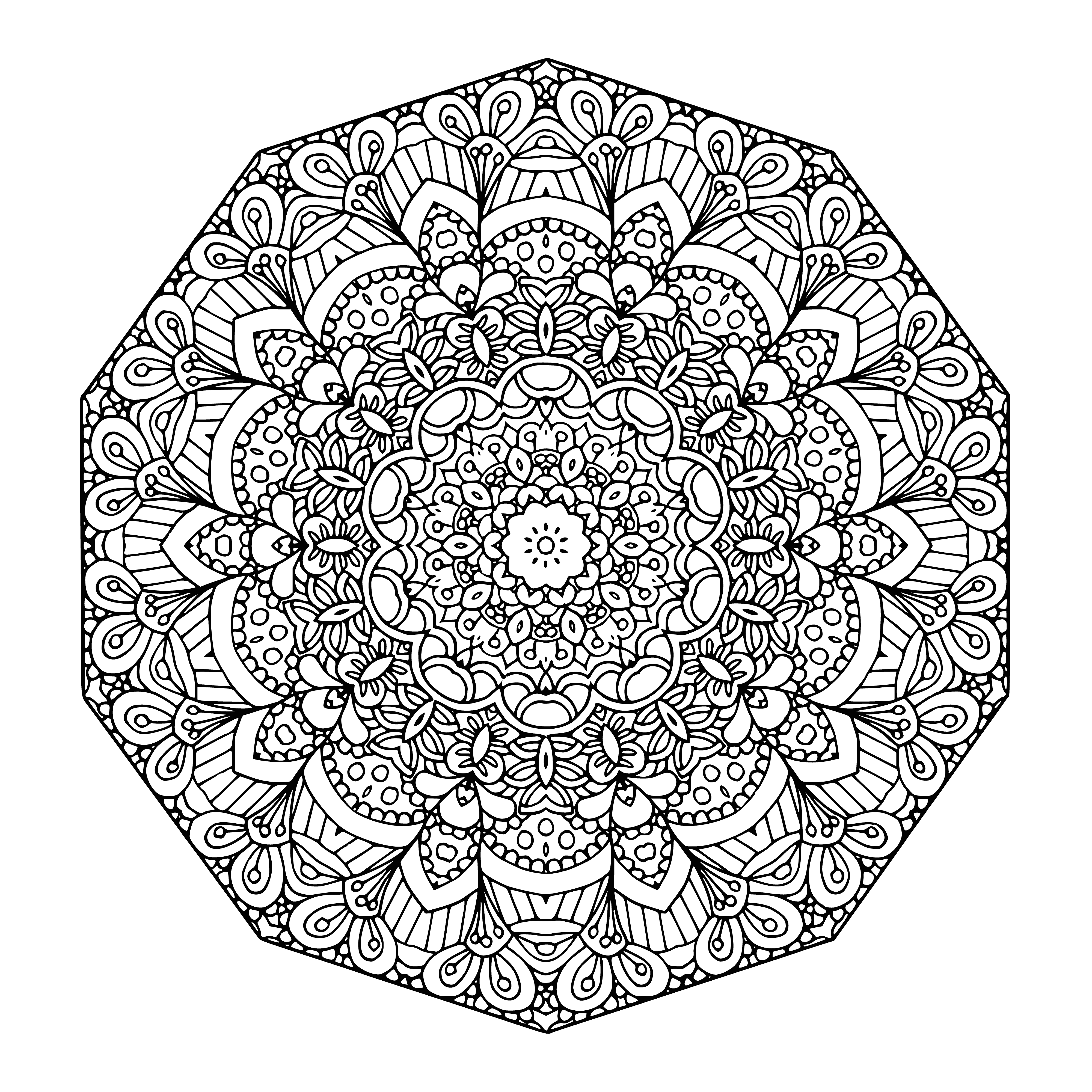 coloring page: Intricate mandala design with many shapes, patterns & detail - a challenging design to color. #mandalas
