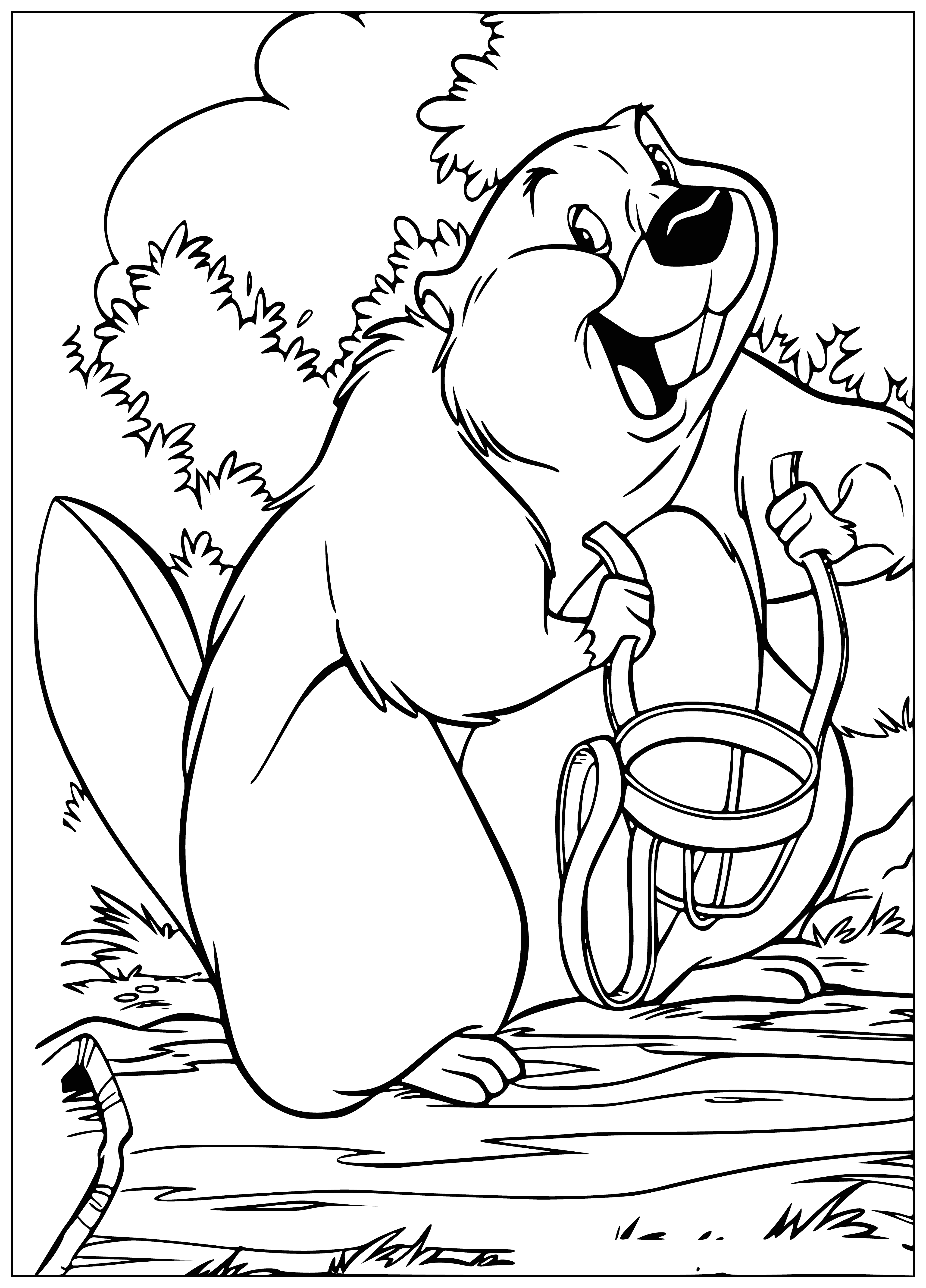 coloring page: An orange beaver with wet fur, large eyes, and puffed out cheeks sits on a log in a river. Its teeth are visible, and its tail is flat.