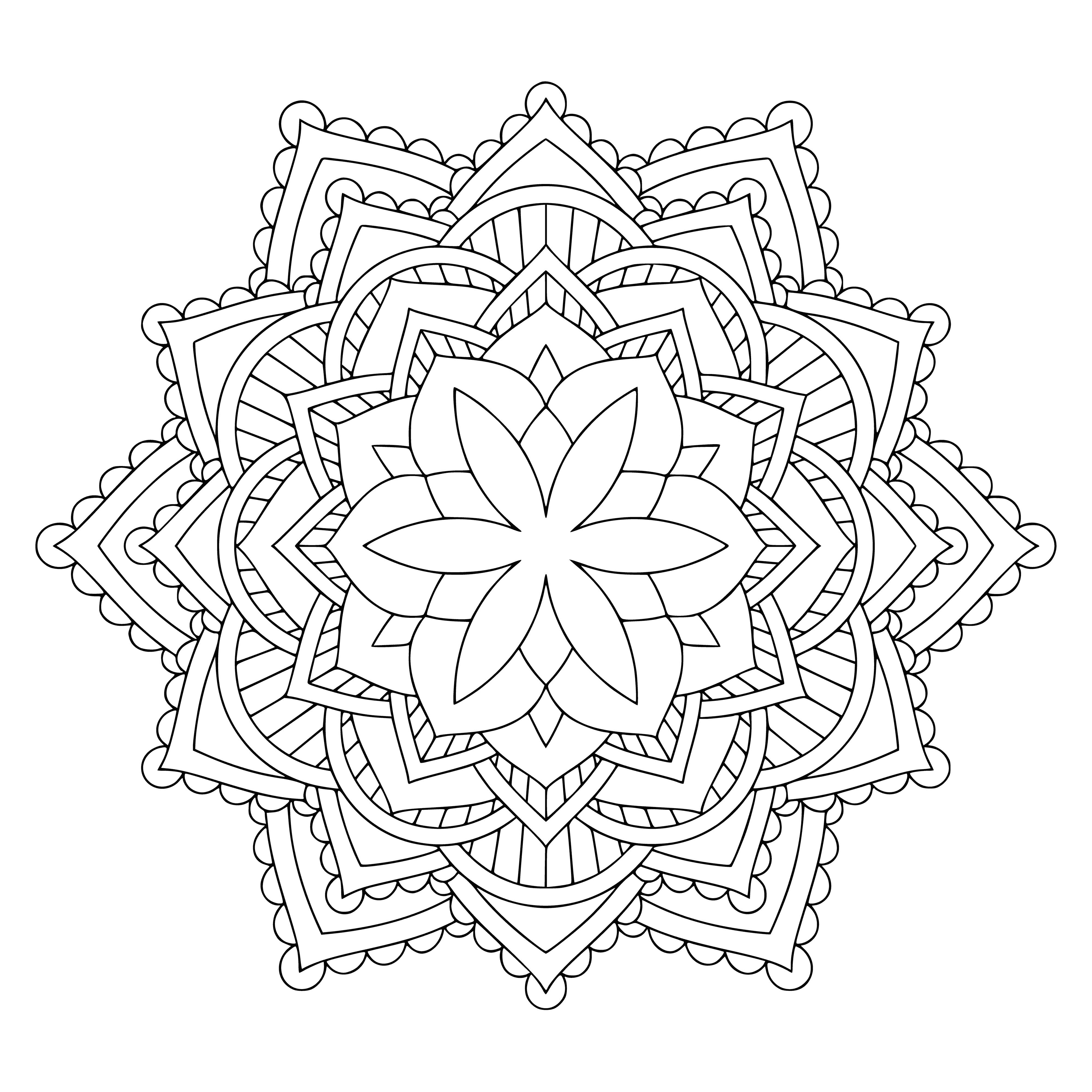 coloring page: Coloring page includes bright, vibrant flower mandala design made up of intricate patterns & shapes to form a symmetrical & well-balanced design. Fun & enjoyable experience.
