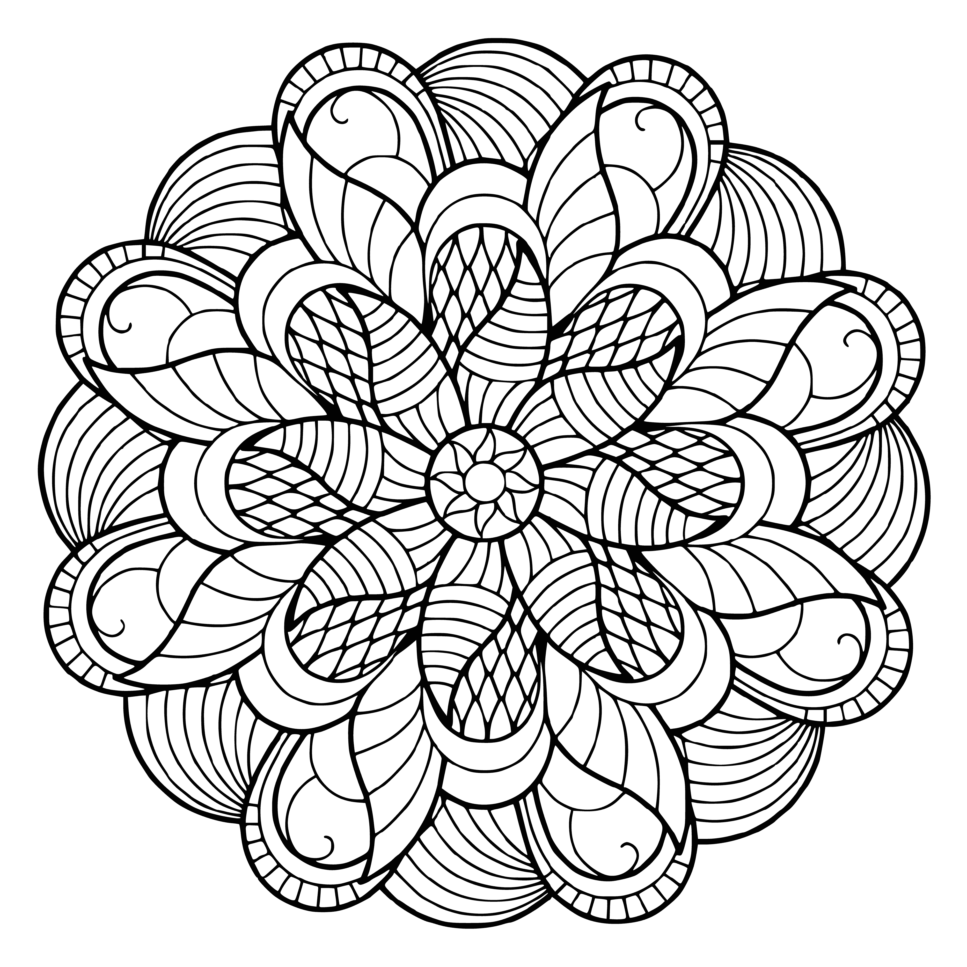 coloring page: Beautiful flower mandala design with 8 small flowers, 4 petals each and 8 leaves around it. Circle in the middle with a dot. #coloring #mandalas