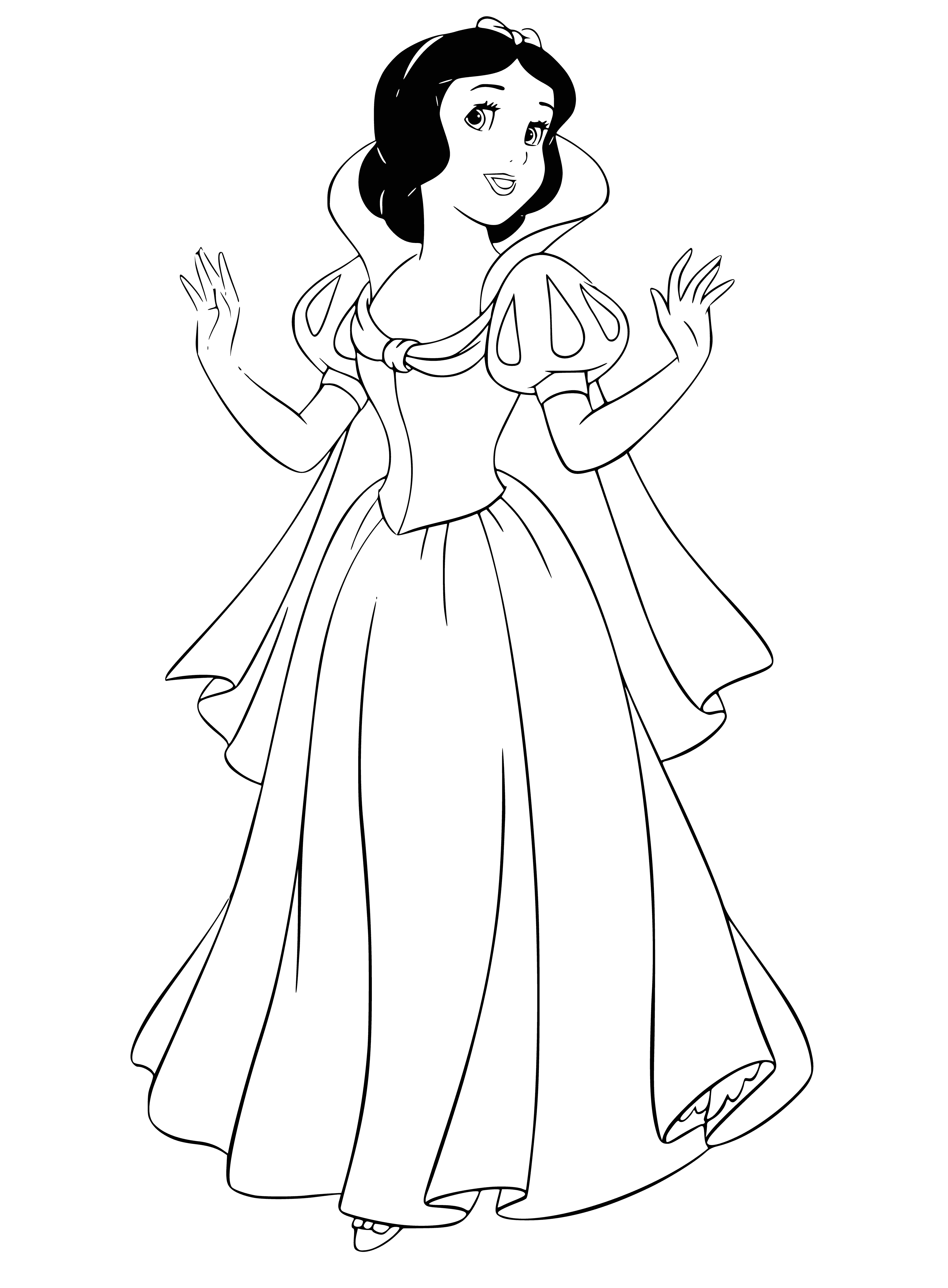coloring page: Snow White stands before seven little men, her curly hair adorned with a red ribbon. She is dressed in a light blue dress and a white apron, looking at them kindly.
