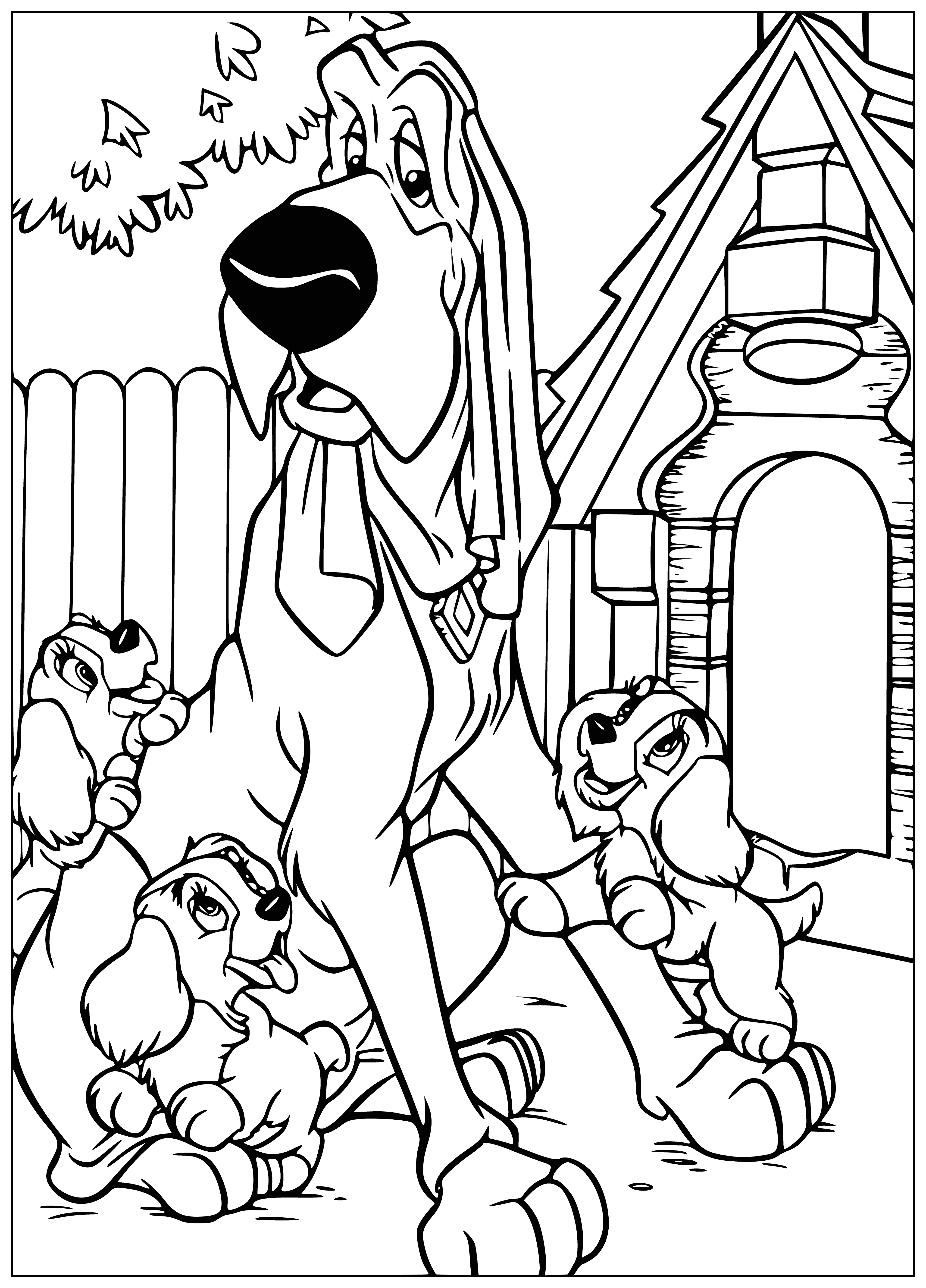 coloring page: Dog sitting on ground with four small puppies next to her. #doglovers
