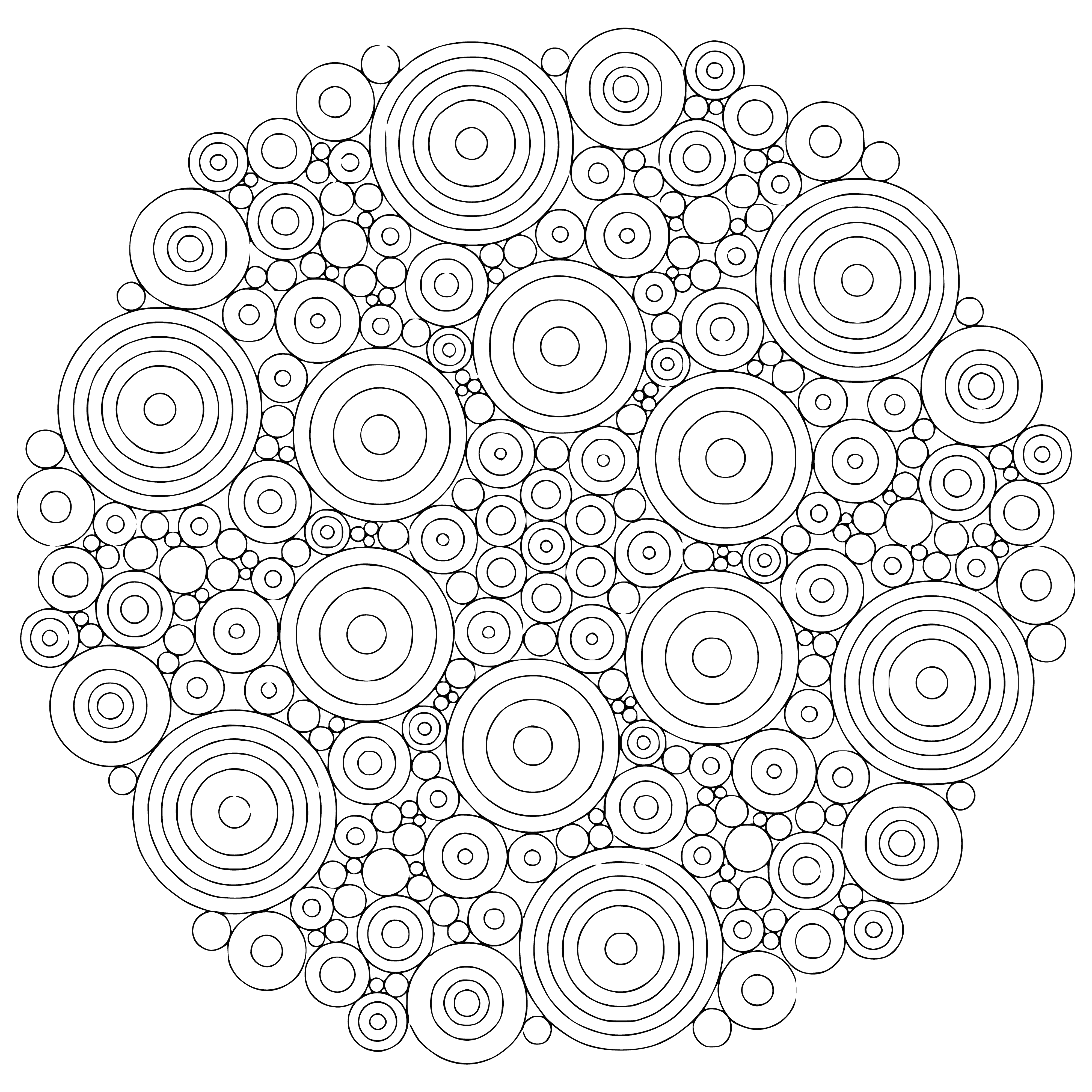 coloring page: Circular mandala filled/unfilled shapes and patterns, some have smaller mandalas inside.