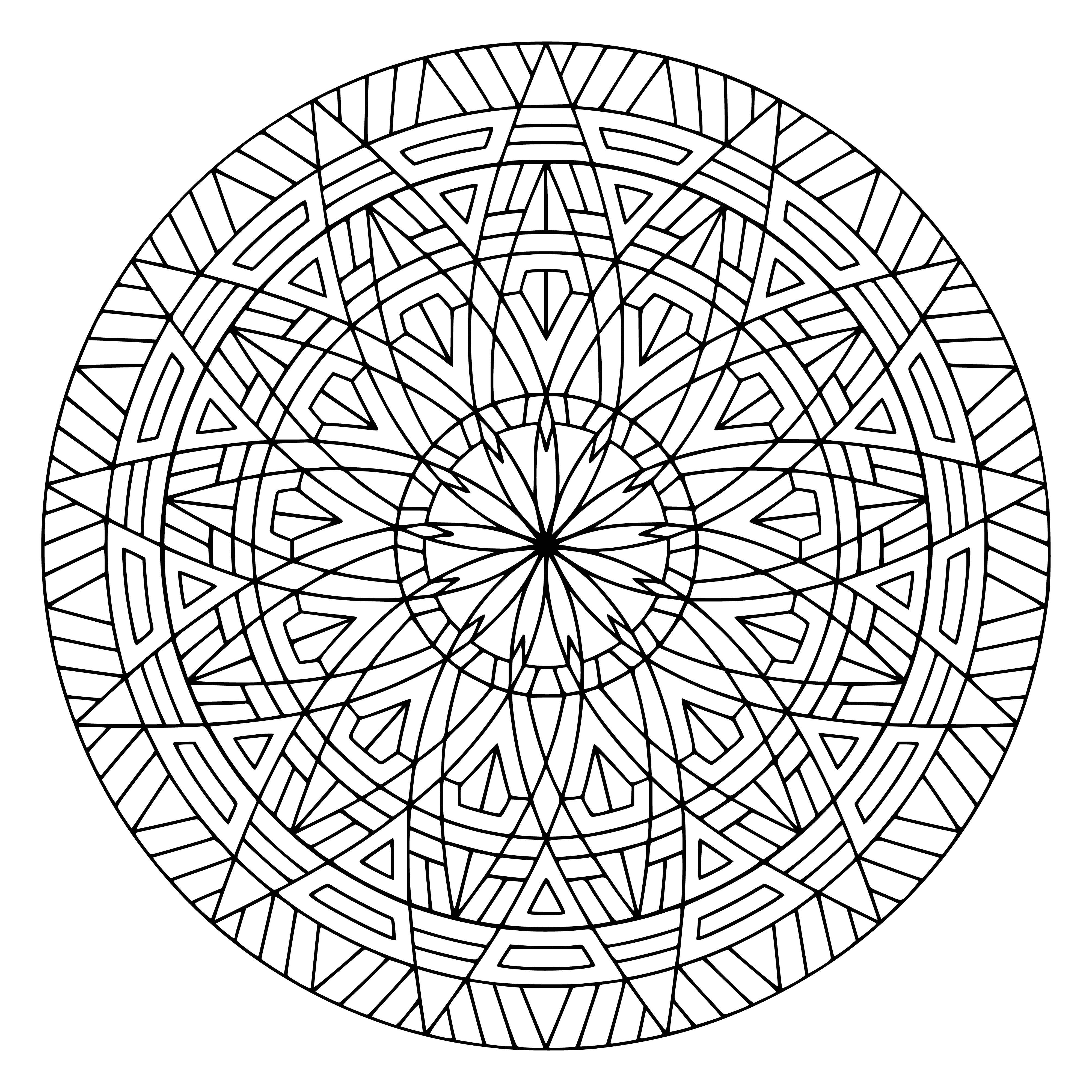 coloring page: In the middle of a mandala there's a big shape surrounded by smaller shapes & patterns in a range of colors.