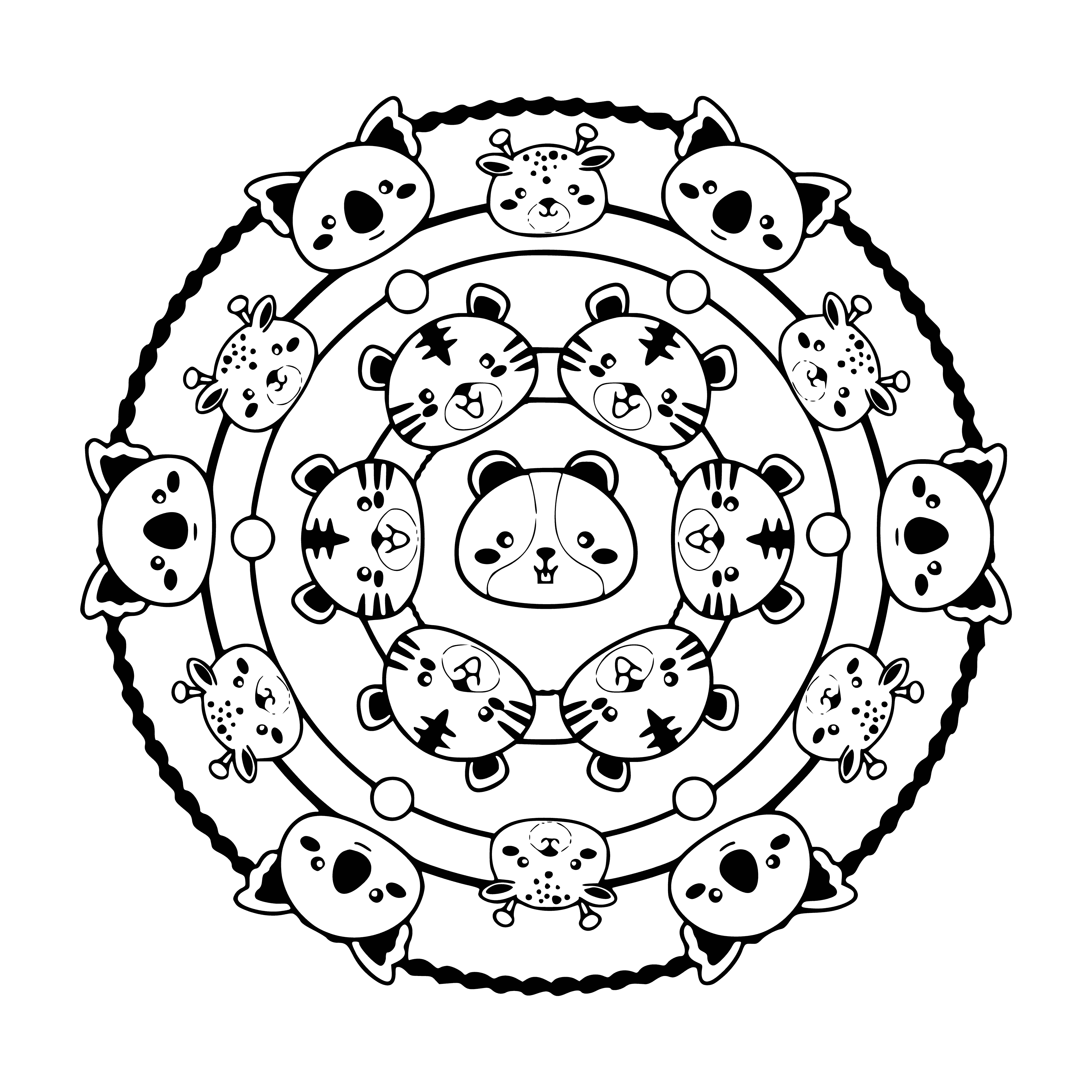 coloring page: Mandala features lion, tiger, elephant + bird, snake, frog in yellows, greens, and blues.