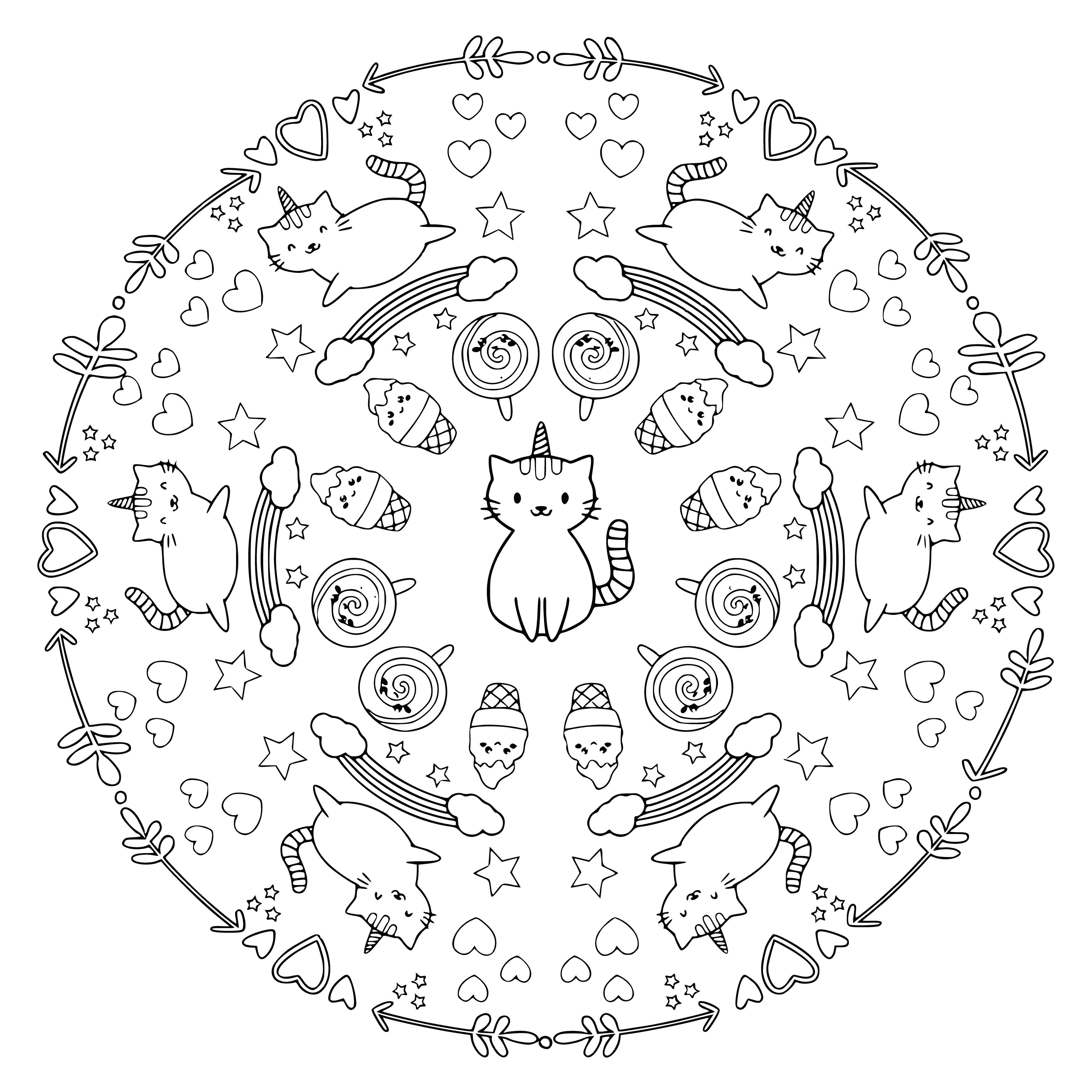 coloring page: Colorful cats in mandala; center has big cat surrounded by smaller cats in intricate design. #cats #mandala #coloring