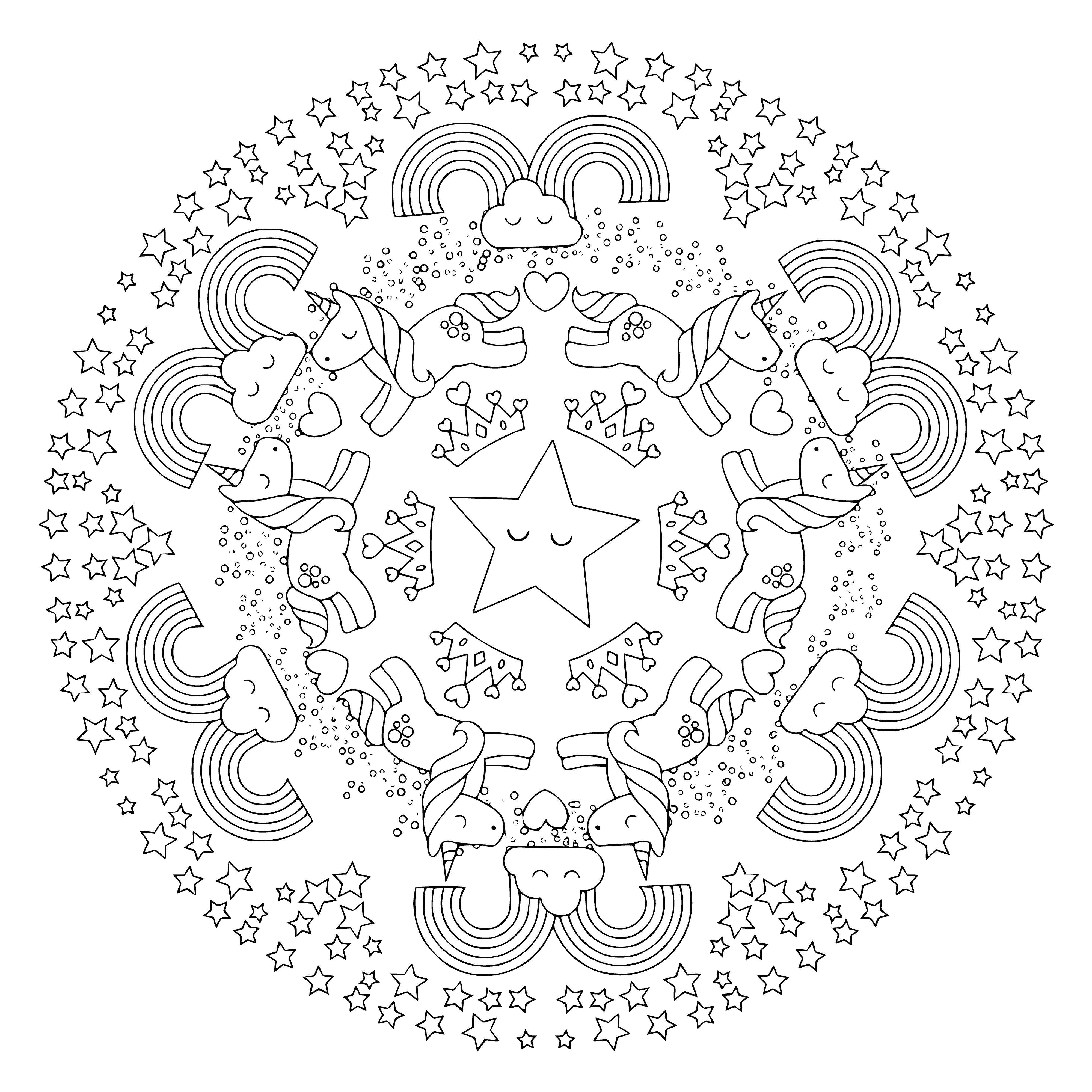 coloring page: Mandalas are a mystical symbol with a unicorn at their center, encircled by stars, flowers and moons.